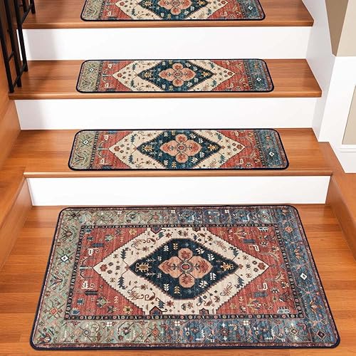 Miniatura 22 de OJIA Alfombra antideslizante a juego para peldaños de madera, parte trasera de goma cuadrada antideslizante, alfombra de aterrizaje para escaleras