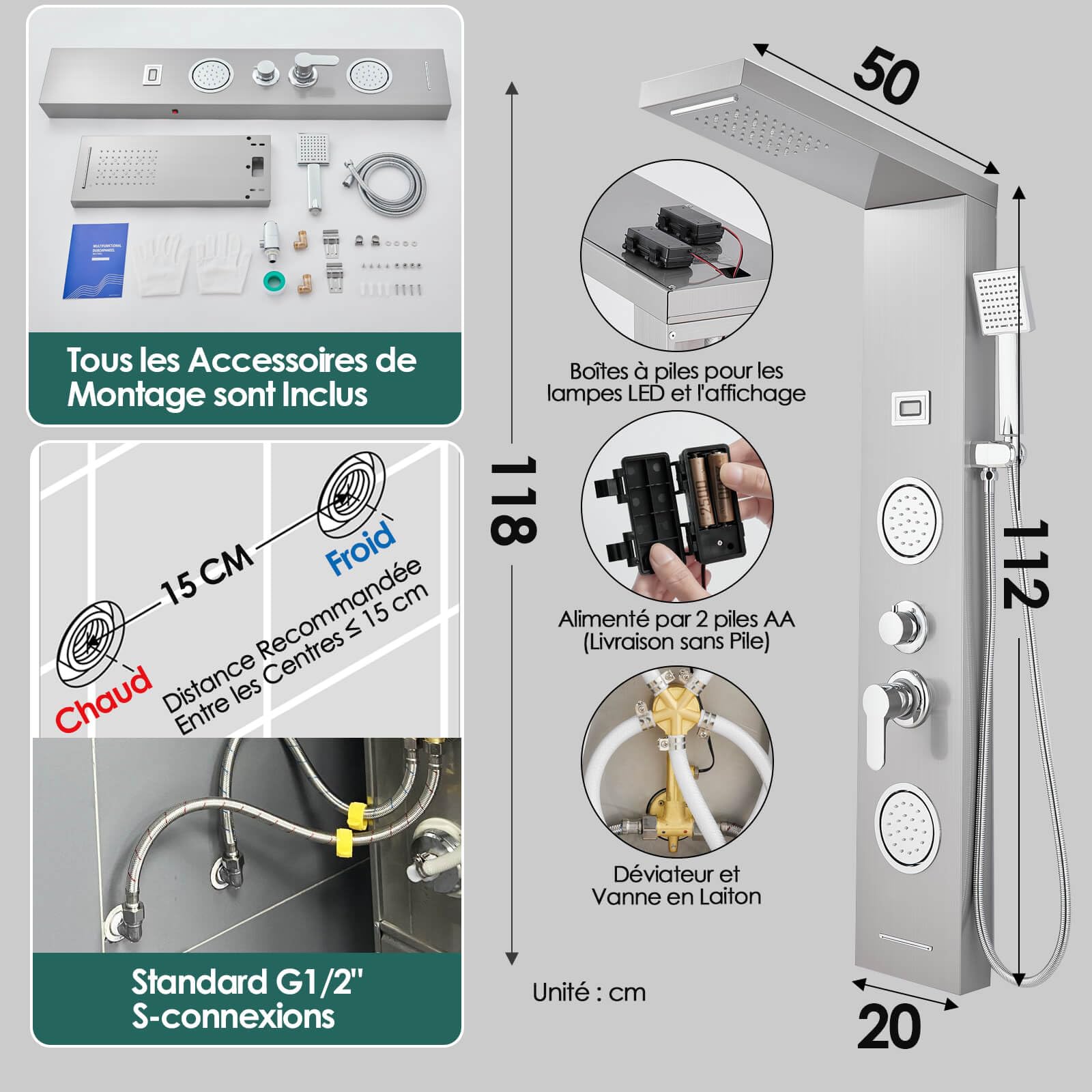 ROVOGO Colonne Panneau de Douche Hydromassante LED avec Robinetterie et Affichage, 5 Modes - Douche de Cascade, Pluie, Douchette, Jets de Massage, Bec de Baignoire, Brossé Acier Inox, Montage Mural