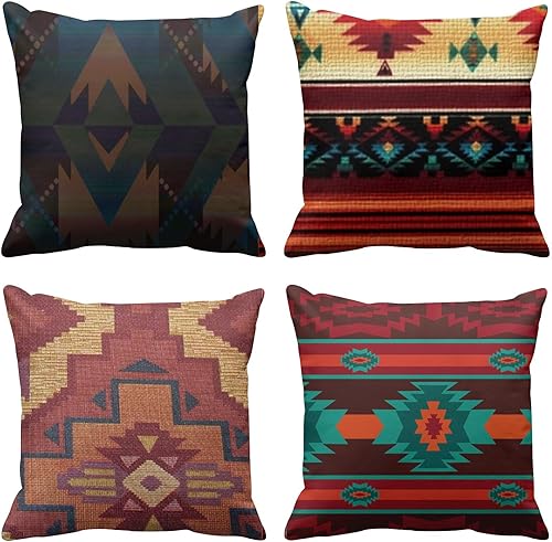 ArtSocket Juego de 4 fundas de almohada color verde azulado a medio retro cuadrícula y estallidos de estrellas, siglo naranja, moderno diseño