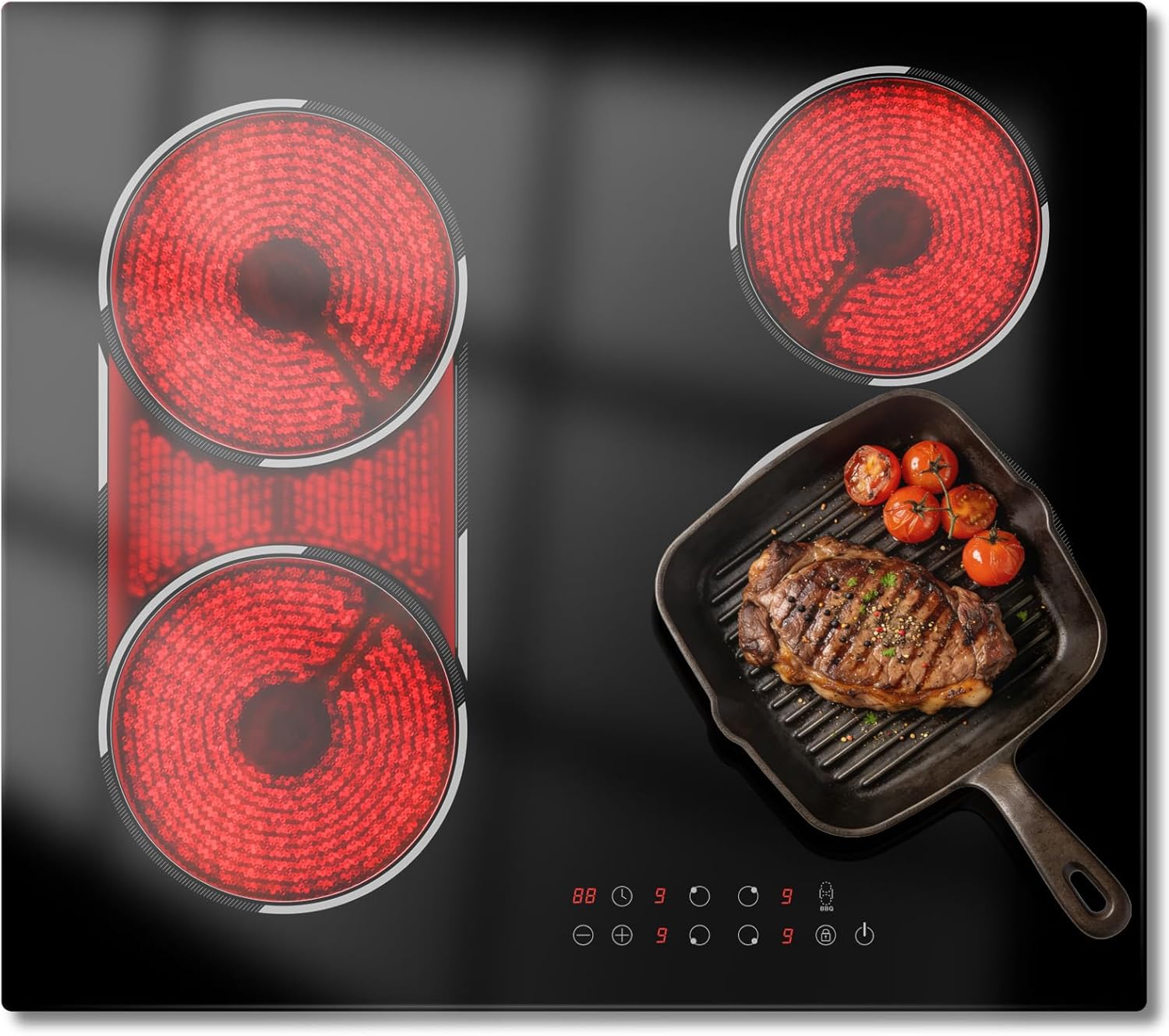 24 Inch Electric Cooktop Built-in, 4 Burner Electric Stove with 6900W Total High Power, 24" Ceramic Cooktop with BBQ Burner, Touch Control, Child Safety Lock, 220V-240V Hard Wire, No Plug