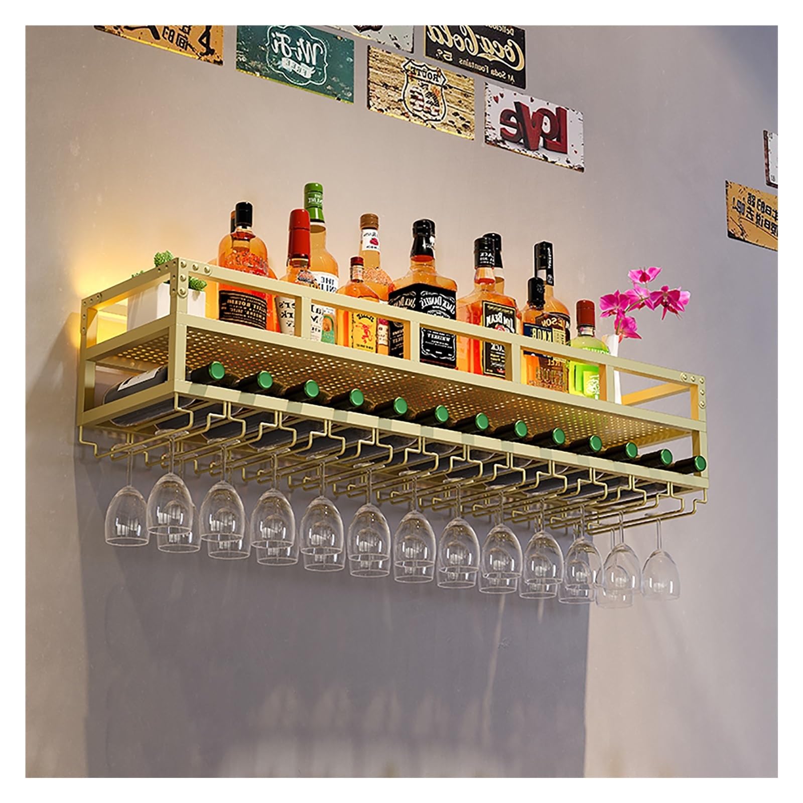 Estante LED para botellas de vino de metal montado en la pared y estante de copa de hierro para el hogar, bar, cocina y cafetería, elegante exhibición de licor, color: G