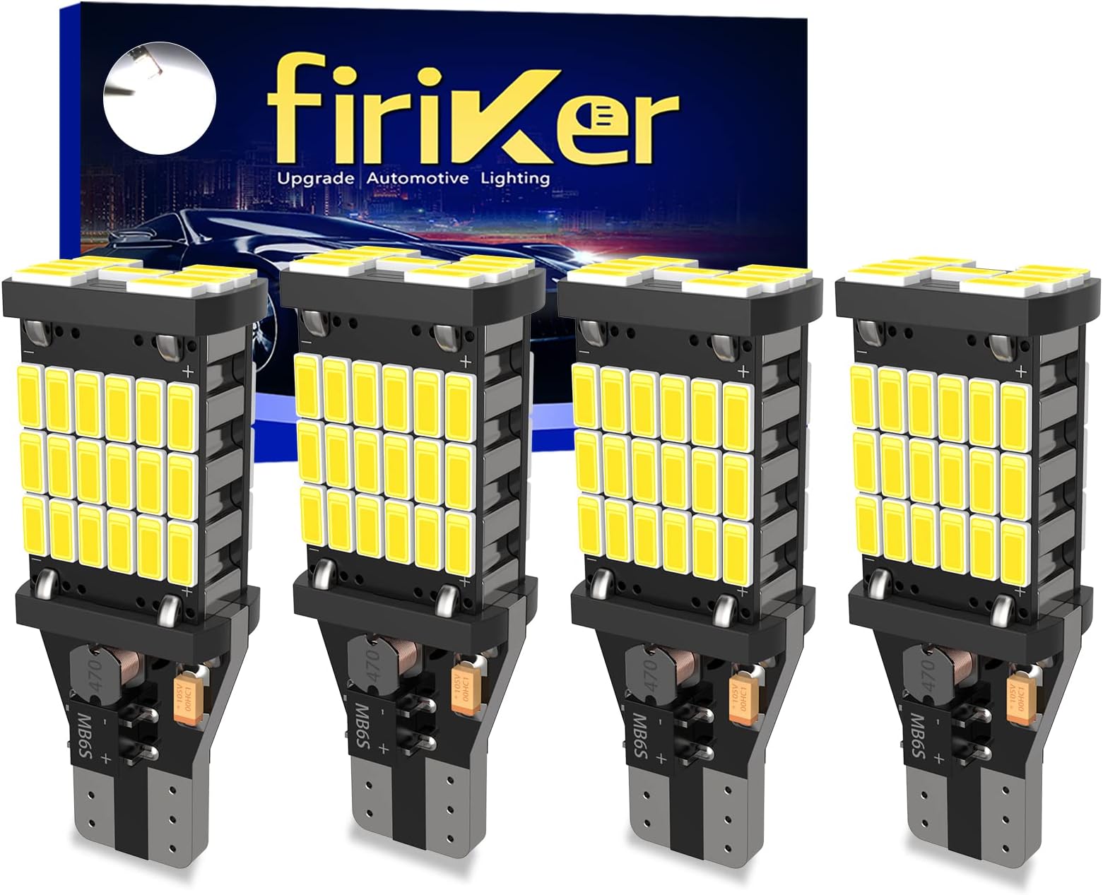 firiKer 4PCS Super Bright 921 T15 912 W16W LED Reverse Lights, Error Free 904 Led 921 Bulbs 45SMD-4014 Chipsets, 912 921 906 LED Car Bulbs For Car Truck Backup Reverse Lights, 1500 Lumens 6500K White