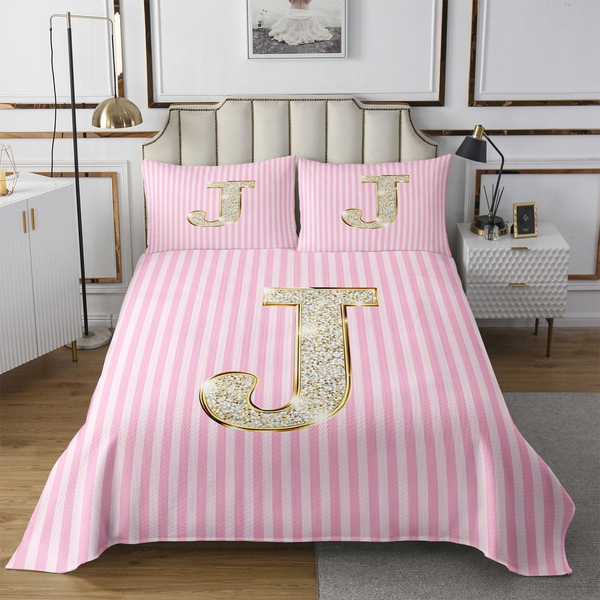 Manfei Initial Letter X Bedspread Twin Size,Monogrammed Alphabet Bedding Set 2pcs for Kids Teens Living Room Decor,Pink White Stripes Simple Style Quilted Coverlet Soft Breathable with 1 Pillowcase