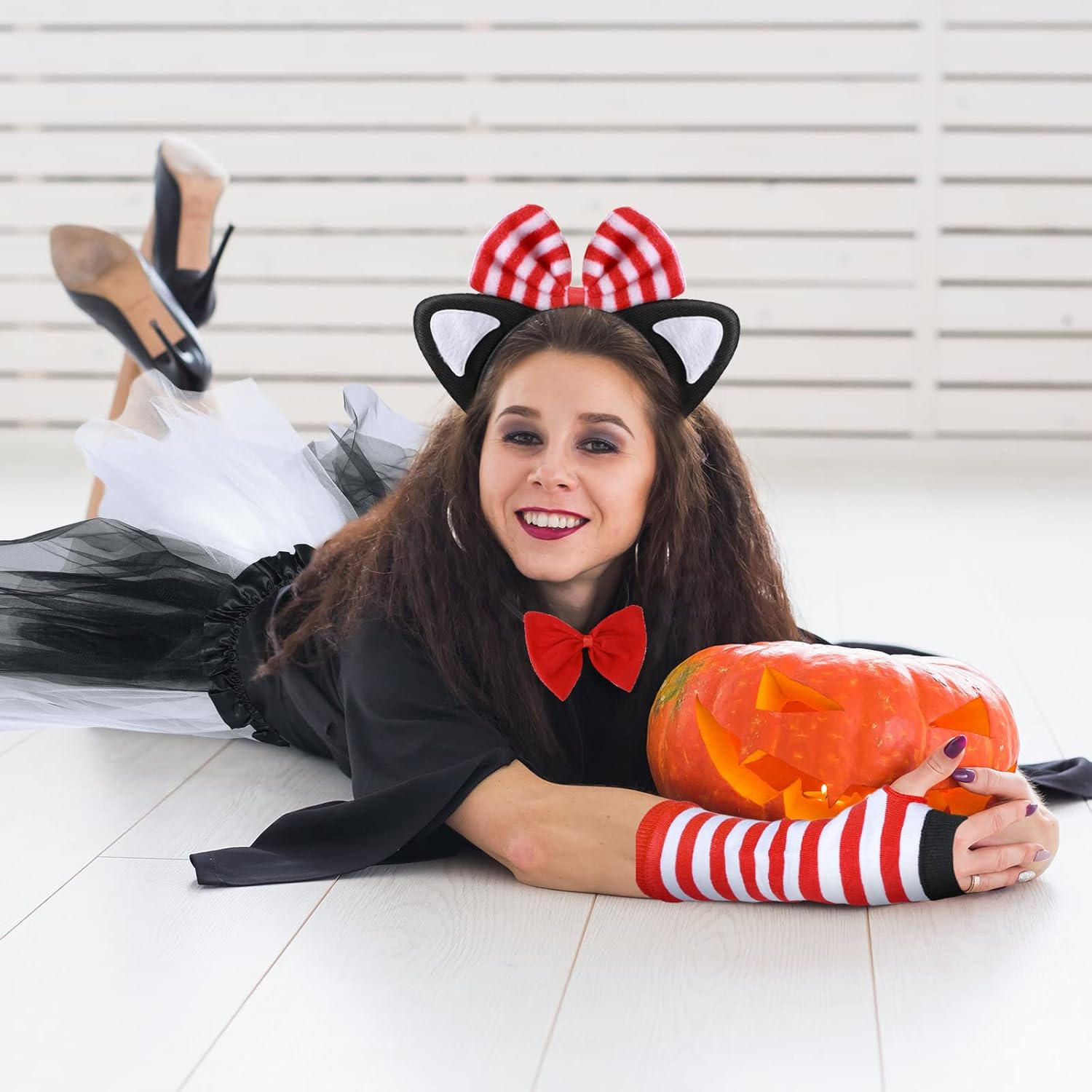 Leyndo Cat Costume Set Tutu Skirts Ear Headband Bowtie Black Cat Tail Arm Warmers Striped Stockings for Cosplay - Image 6