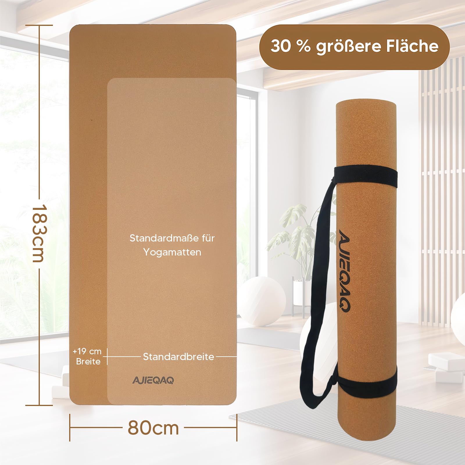 Premium Kork Yogamatte aus Naturkautschuk - Extra Breit (183x80 cm) & 5mm Dick - Rutschfeste XXL Fitnessmatte für Yoga, Pilates & Gymnastik - Gelenkschonend & Formstabil