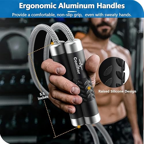 Miniatura 5 de Weighted Jump Rope, 1LB Tangle-Free Ball Bearing Rapid Speed Skipping Rope for Men Women, Adjustable 9mm Cotton & PVC Rope with Alum Handle for