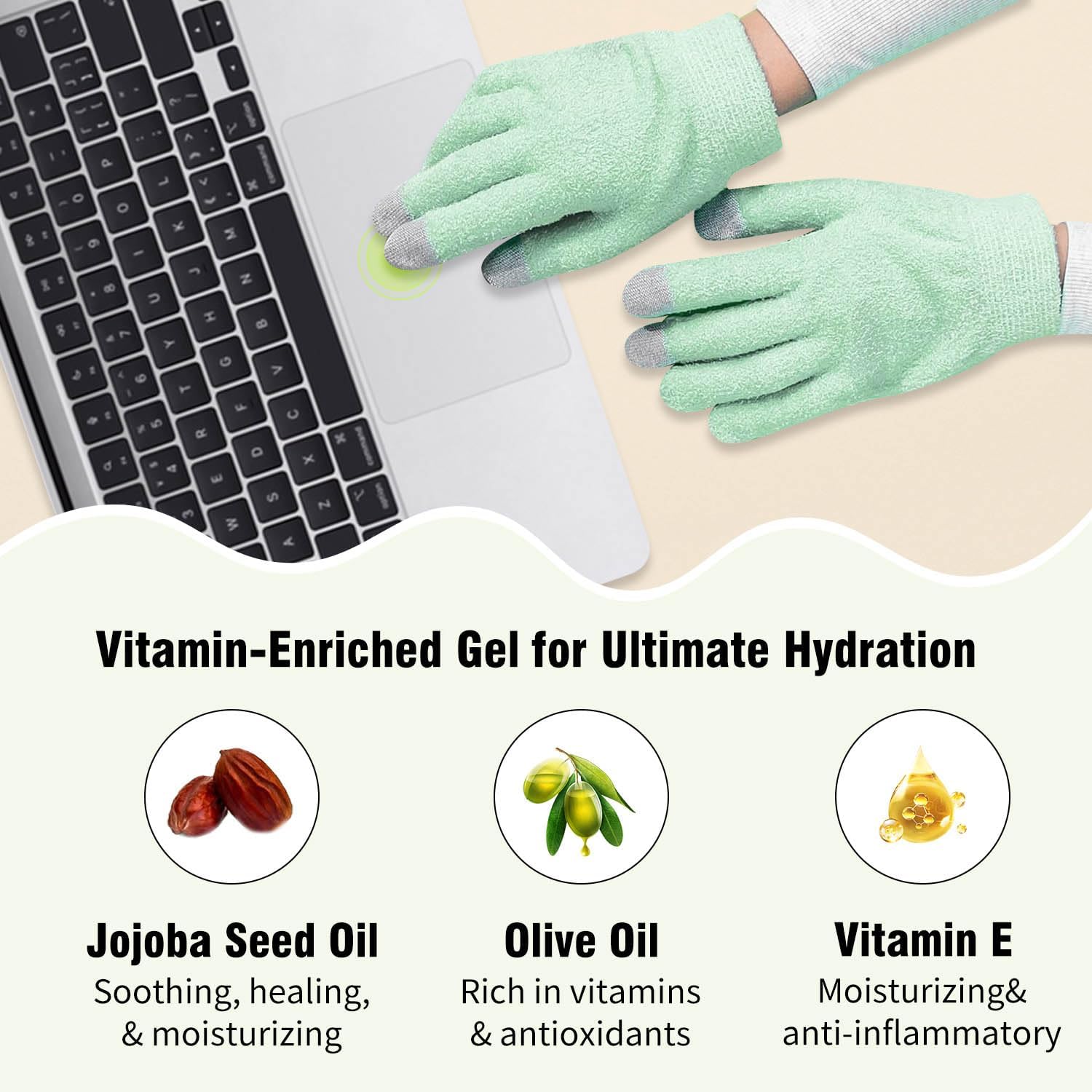 Moisturizing Gloves for Dry Hands Overnight Repair, Silicone Gel Spa Hydrating Gloves, Women's Reusable Hand Care Gloves for Cracked Skin Relief & Treatment with Touchscreen Tips, Mint