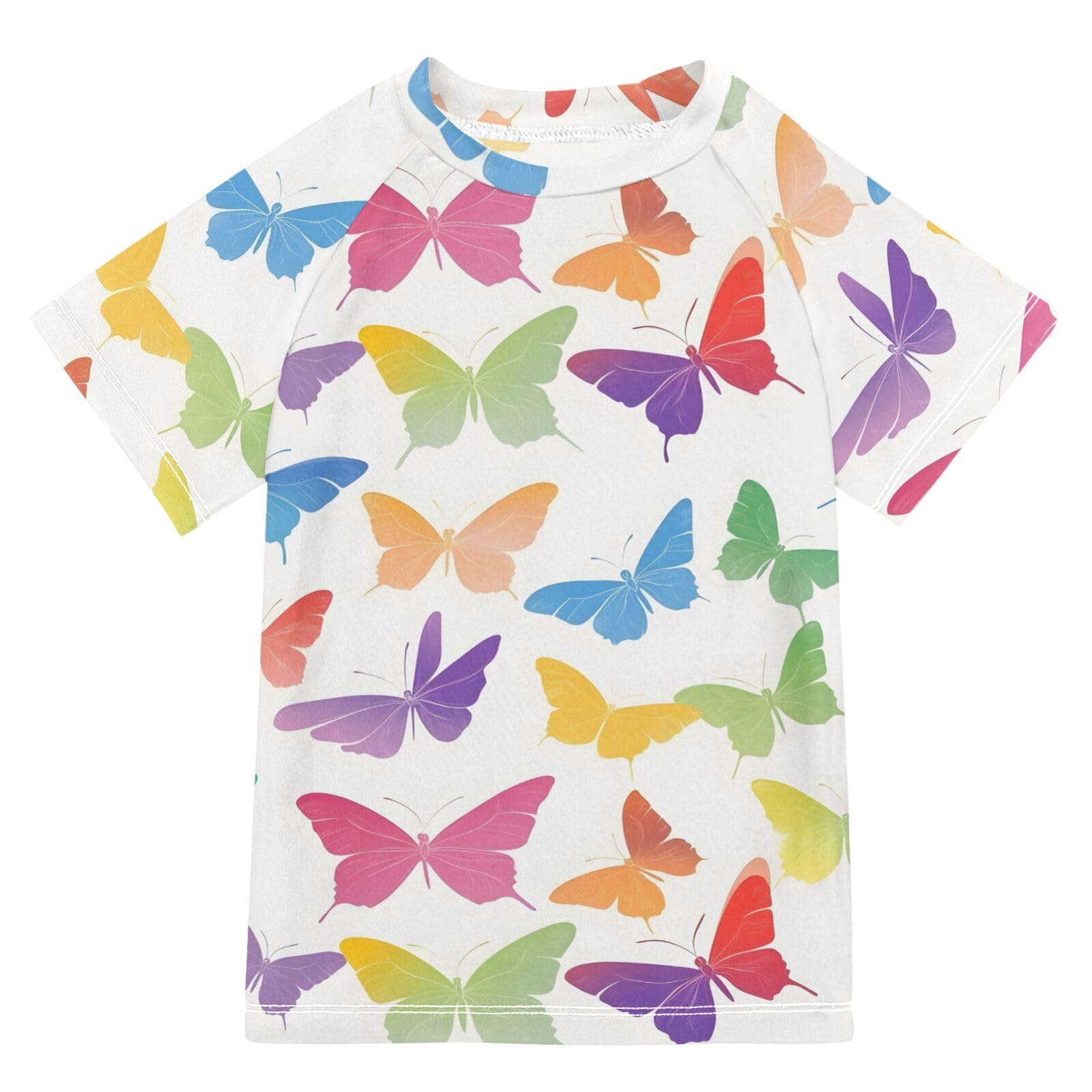 ALAZA Boys Swim Shirt Short Sleeve Rash Guard for Boys Girls UPF 50+ Corolful Butterfly White 9-10T