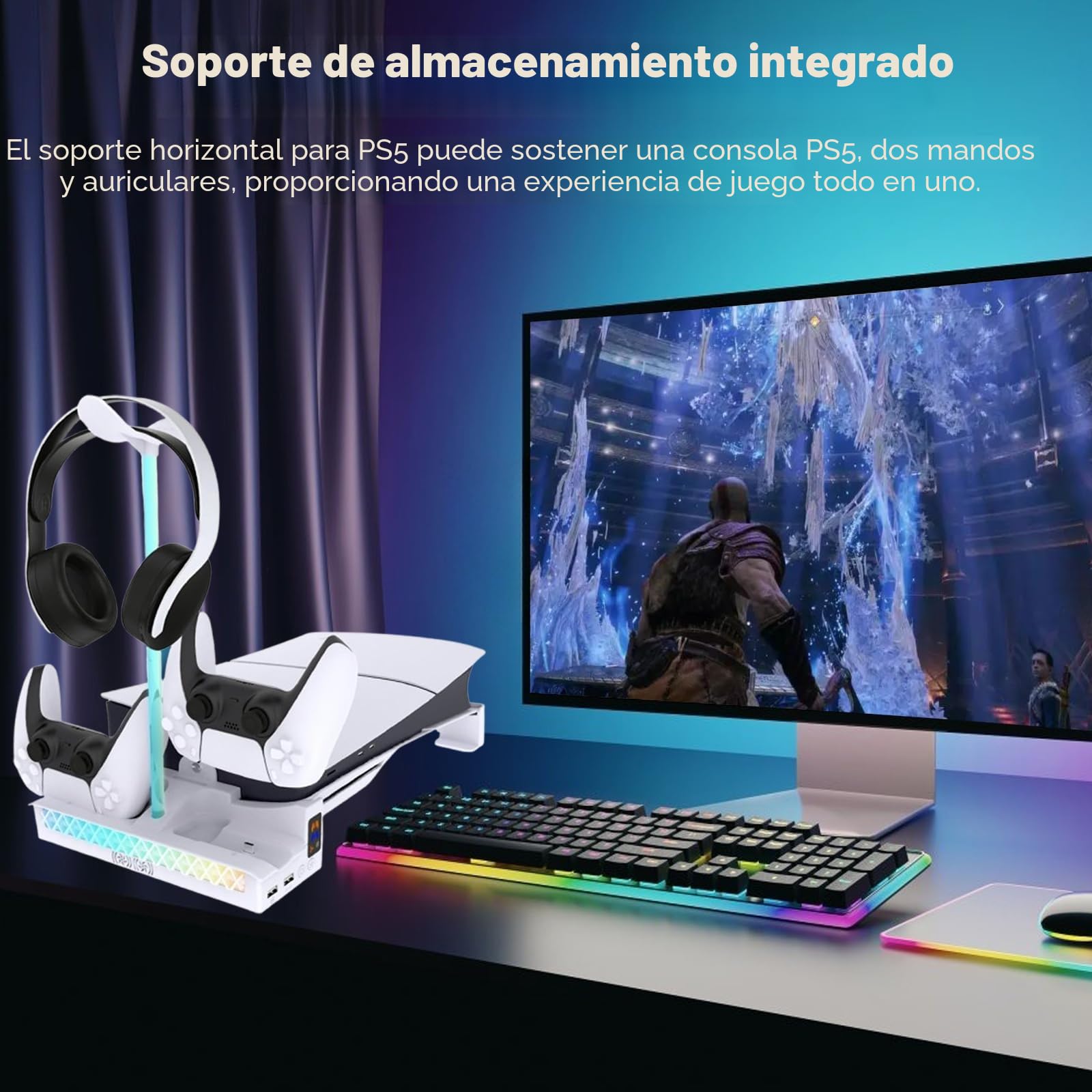 Soporte Horizontal RGB para PS5 Pro/PS5 Slim con Cargador de Controlador Dual, Soporte PS5 Horizontal con Ventilador de Refrigeración y luz RGB, para PS5 Pro/Slim Disc & Digital Edición