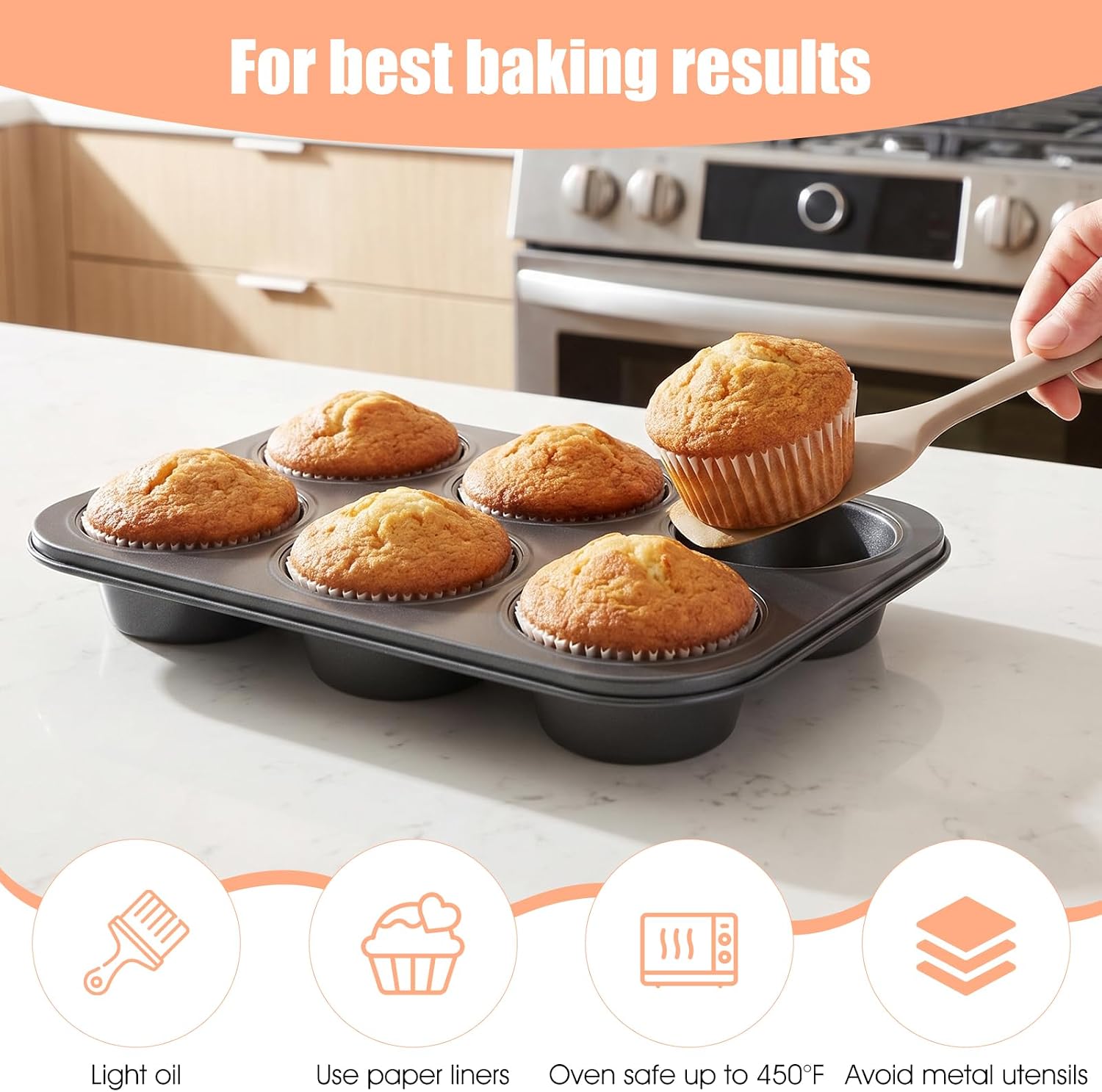 2 Pack Jumbo Muffin Pan, 6 Cup Large Cupcake Pan with 1000 Paper Liners, Heavy Duty Carbon Steel Nonstick Baking Tray for Muffins Cupcakes Frittatas, Black