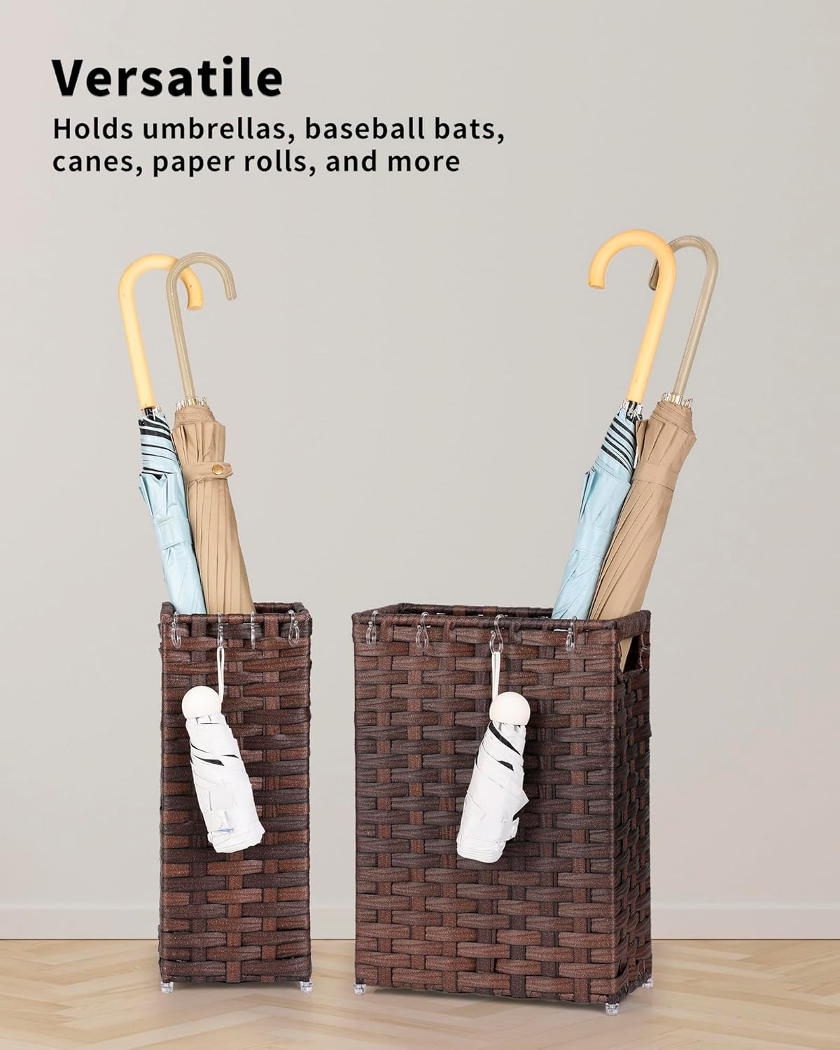Rattan Umbrella Stand, Umbrella Holder for Entryway, Hand Woven Umbrella Rack Organizer Freestanding, with a Detachable Drip Tray, 4 Hooks, 6.5" L x 6.5" W x 16.5" H, Brown
