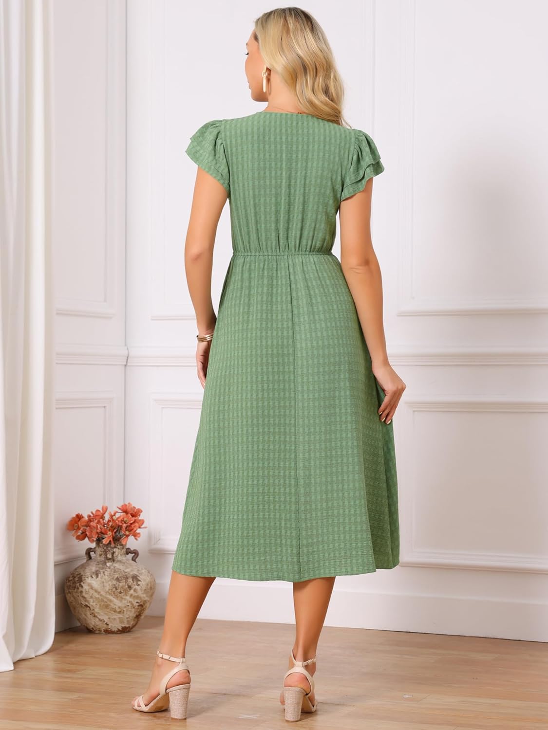 Seta T Women's Summer Dresses 2026 Ruffle Short Sleeve V Neck Button Flowy A-Line Midi Dress with Pockets - Image 4