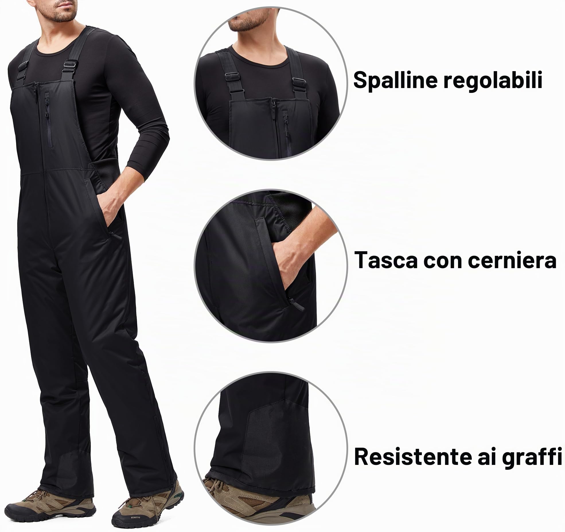 Pantaloni Sci Uomo Inverno Salopette Neve Impermeabile Pantaloni Snowboard Isolata Antivento Caldo Pantaloni Softshell con Tracolla Regolabile e Tasche Multiple HXK9129M-Black-S