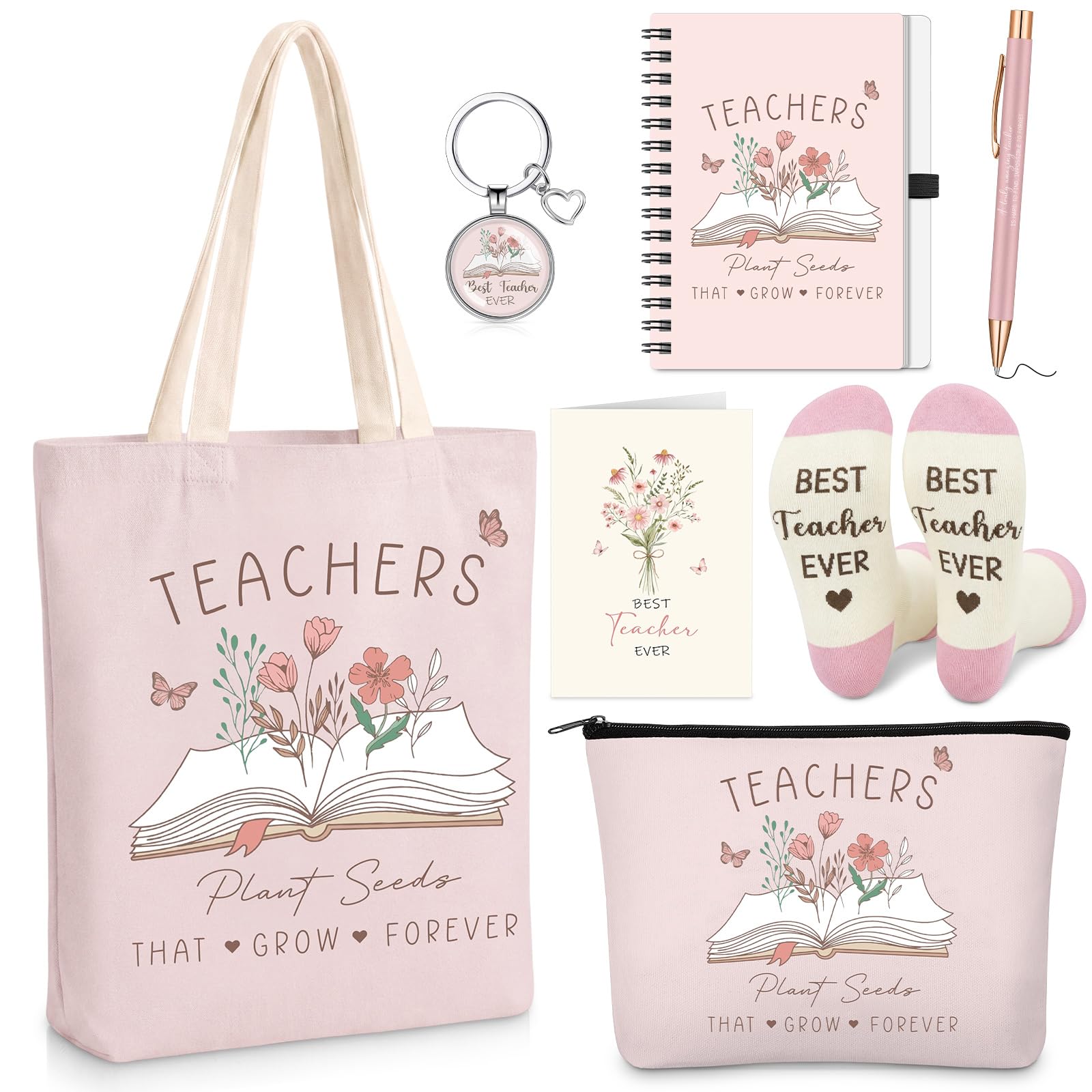 Hestya 7 Pcs Thank You Teacher Appreciation Gifts for Women Pink Canvas Tote Bag Cosmetic Bag Notebook Ballpoint Pen Best Teacher Socks Keychain Thank You Card for Teacher's Day End of The Semester