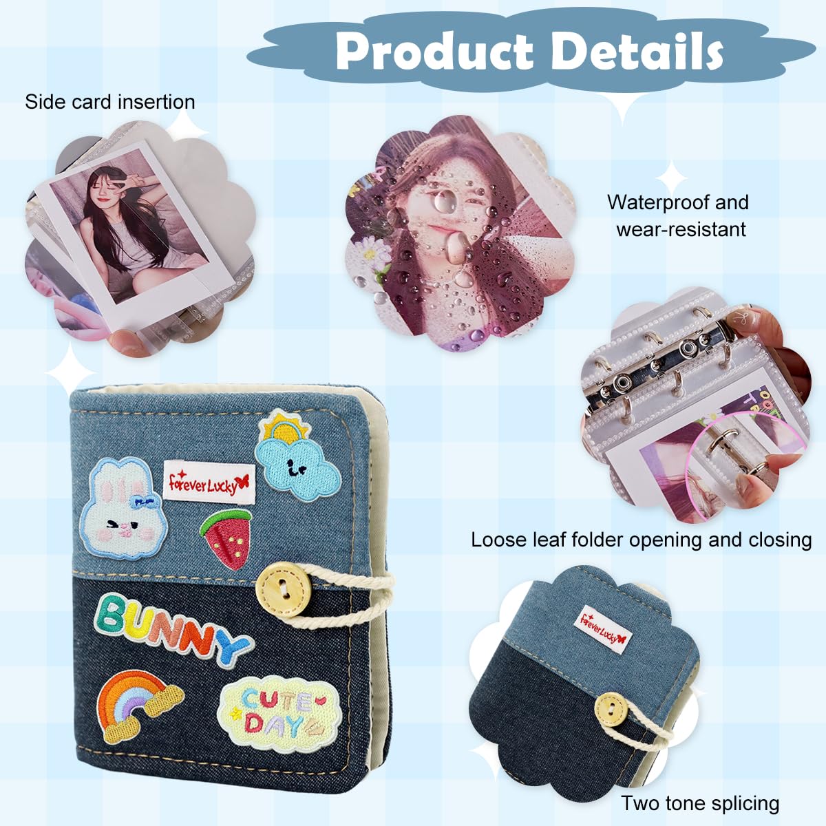 HASTHIP® DIY Pocket Photo Album Holds Up 40-Photoes Fashion Patchwork Photo Album with Cartoon Embroidery Decals Cartoon Instant Square Films Pocket Album Kpop Star Photocards Binder Album 1