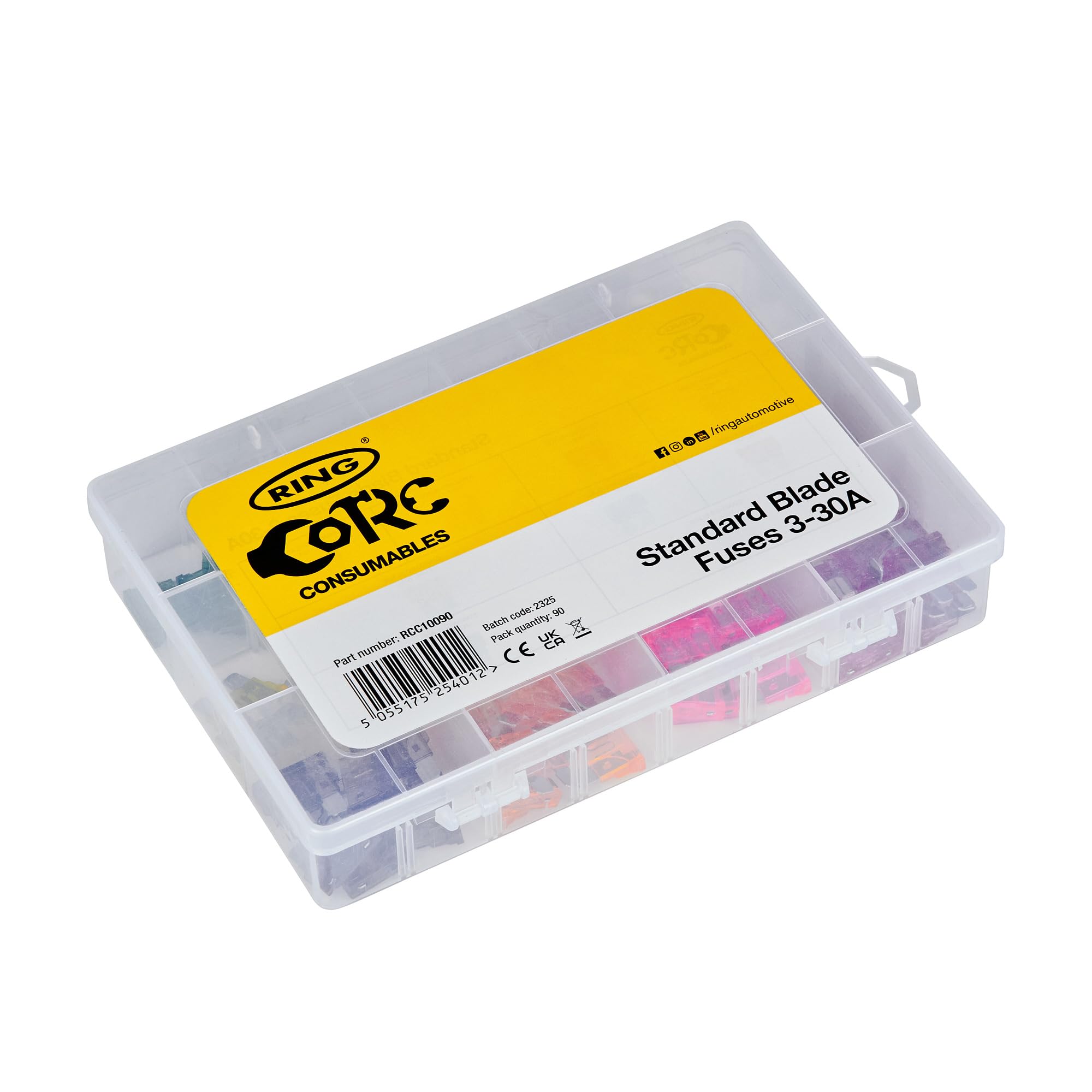 RING Assorted Blade Fuses, 3-30A, (90-Pack), Plastic Organised Box