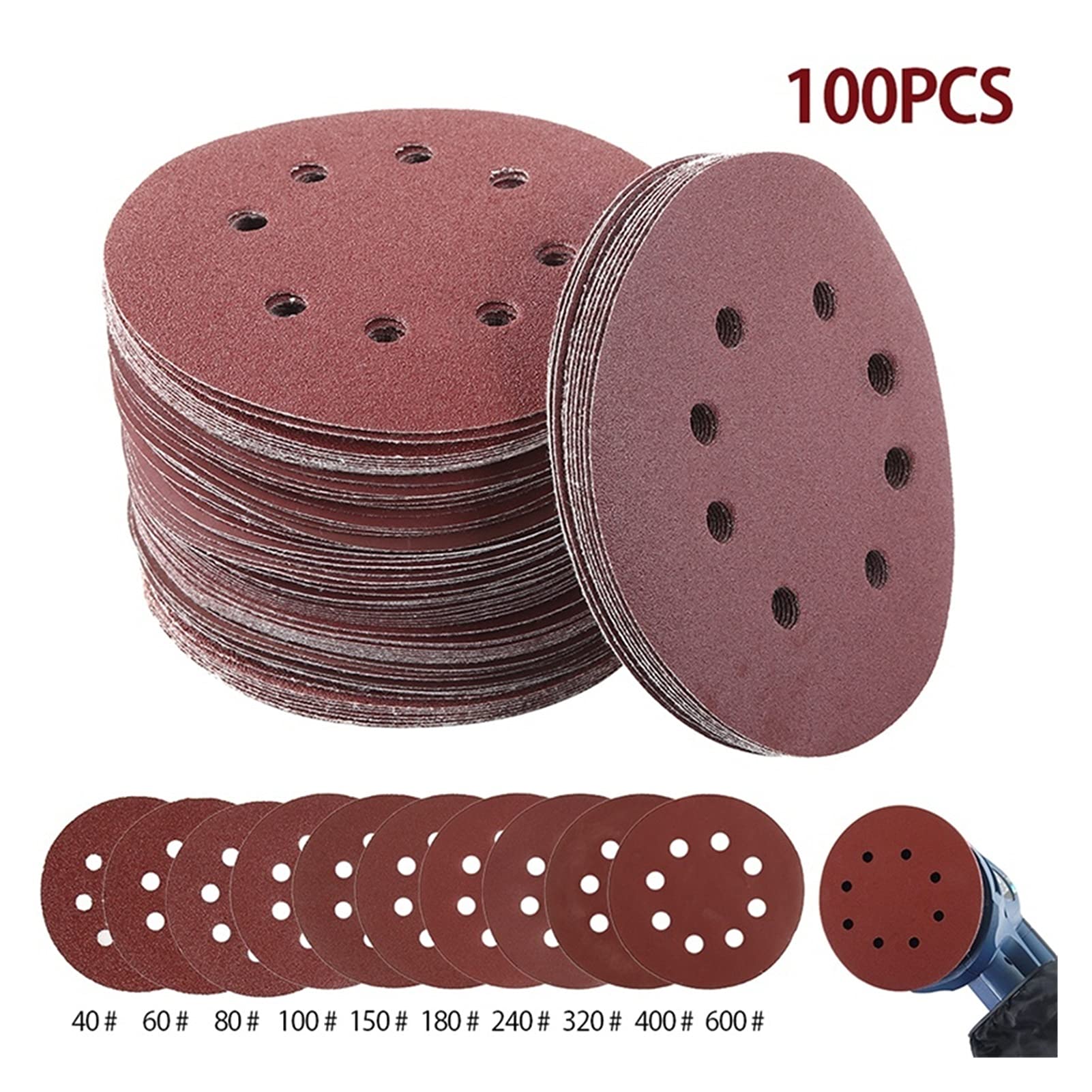 Tarcze szlifierskie Podkładki Uniwersalny 100 szt. 5 Cal 125 mm Okrągły papier ścierny Arkusze ścierne z ośmioma otworami Ziarnistość 40-600 Haczyk i pętelka Tarcza szlifierska Materiały ścierne do po