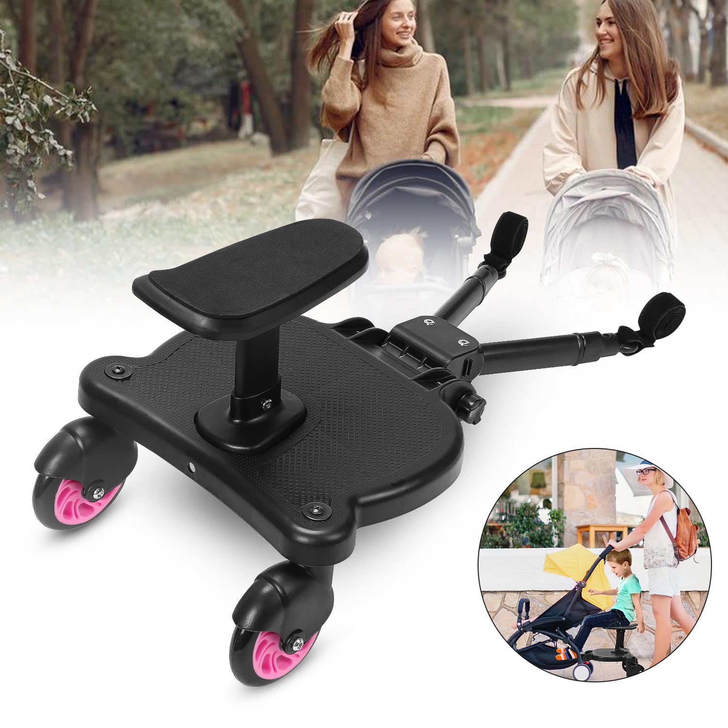 Buggy Board avec siège, planche Kiddy avec siège, marchepied pour poussette universelle, design à deux roues à 360°, pour enfants de 2 à 6 ans, poussette de 25 kg (rose)