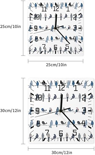 Miniatura 7 de Reloj de pared de madera con pájaros azules y grises, silencioso, sin tictac, dibujado simple, a cuadros, floral, cuadrado, funciona con pilas,