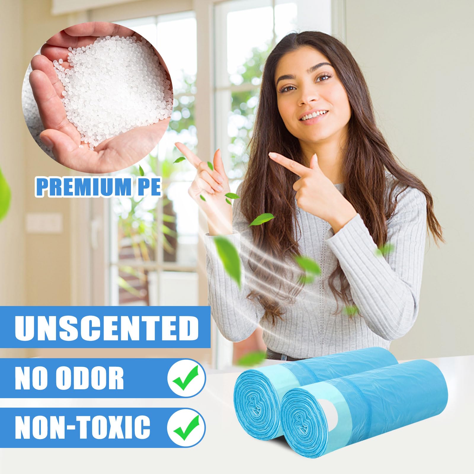 Bolsas de basura biodegradables de 4 galones, bolsa de basura con cordón, fácil de separar, reciclaje, gruesas, resistentes, para cocina, dormitorio, baño, oficina (100 unidades, azul)