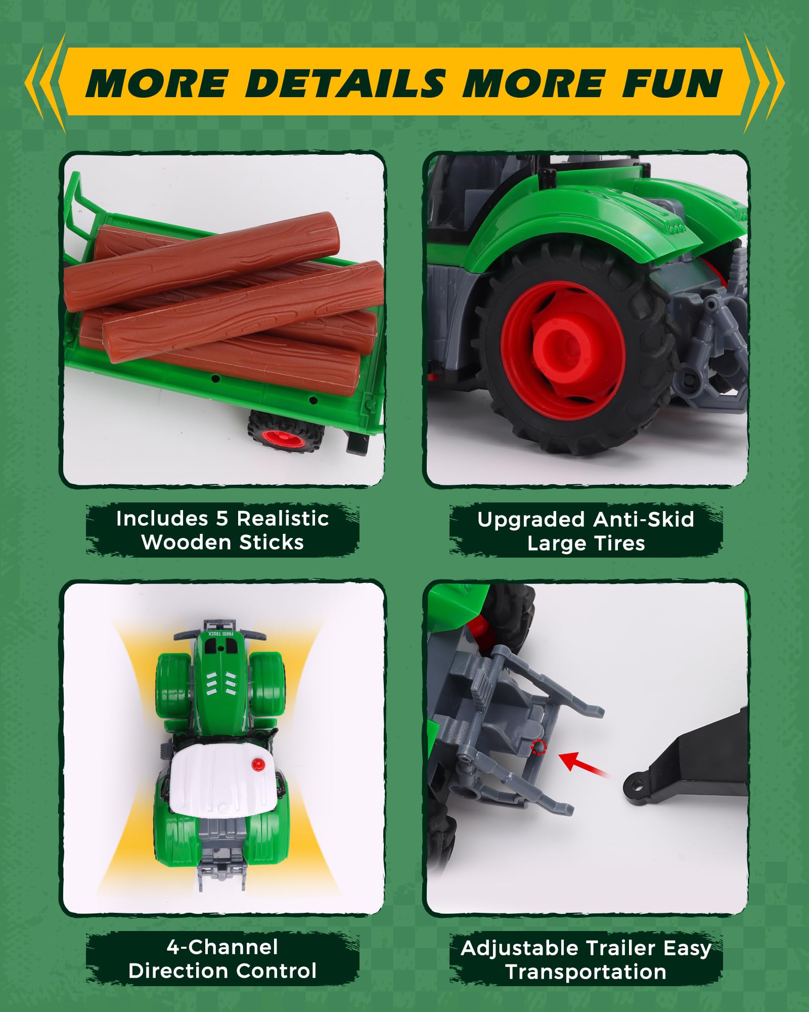 Juguetes de tractor a control remoto, camión a control remoto a escala 1/24 con troncos de madera realistas, remolque desmontable y luz, juguetes de vehículos agrícolas recargables para 7