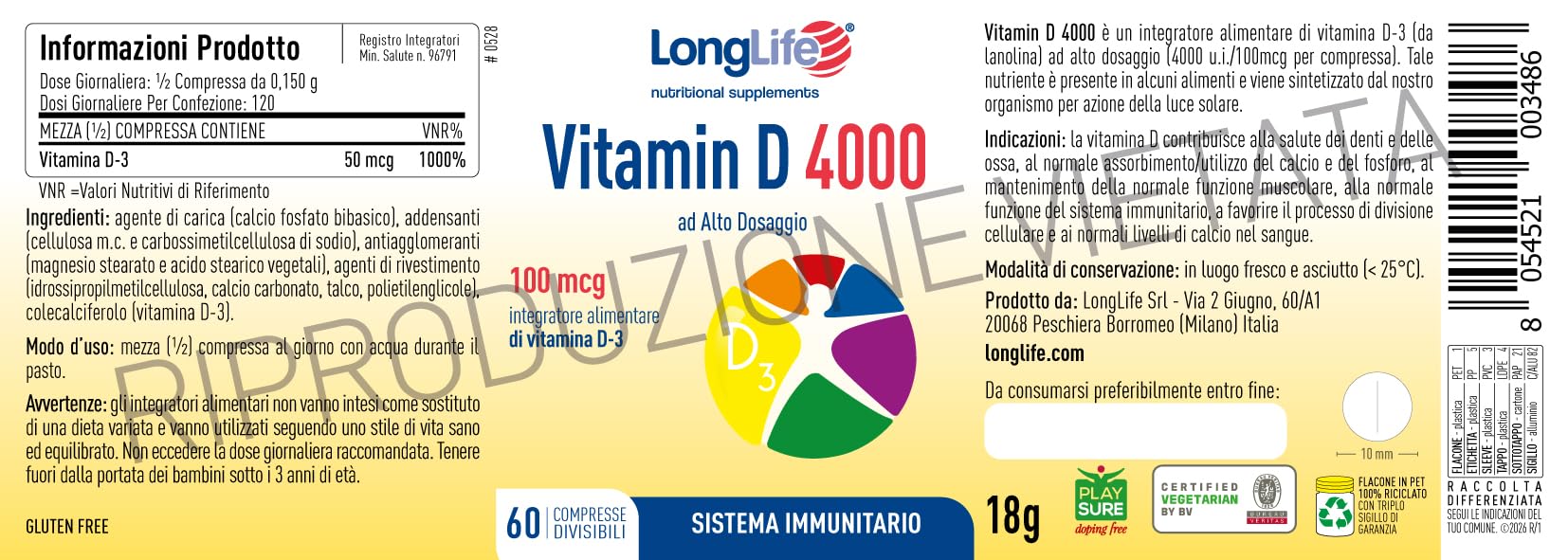 LongLife® Vitamin D 4000 | Vitamina D3 naturale | Alto dosaggio | Difese immunitarie, ossa e denti | Metabolismo del calcio | Fino a 100 giorni di trattamento | Senza glutine e vegetariano