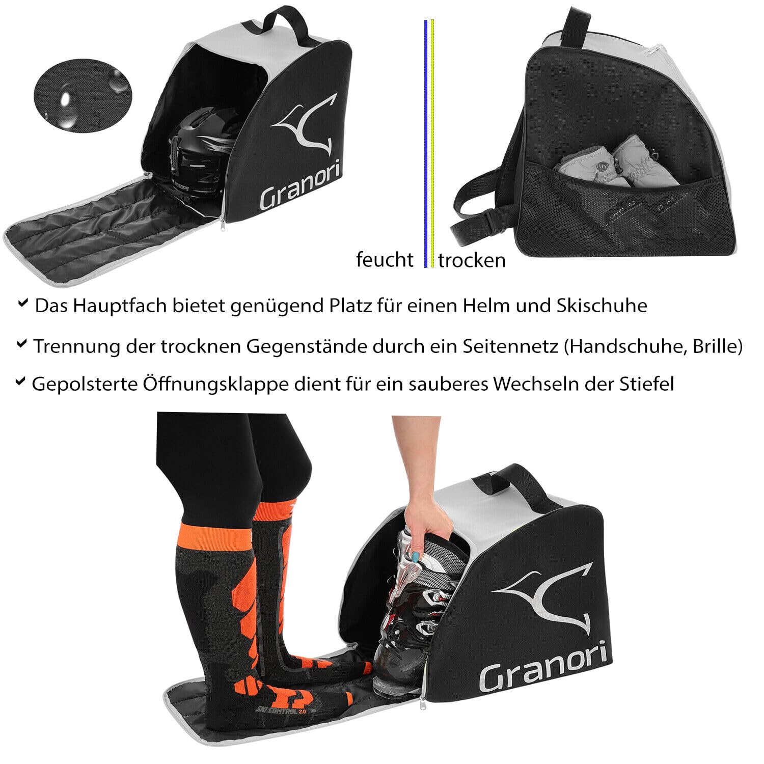 Skischuhtasche Skistiefeltasche mit Rucksackfunktion sowie Platz für Helm und Zubehör | Skischuhrucksack Bootbag Helmtasche Ski-, Snowboard- und Schlittschuhe