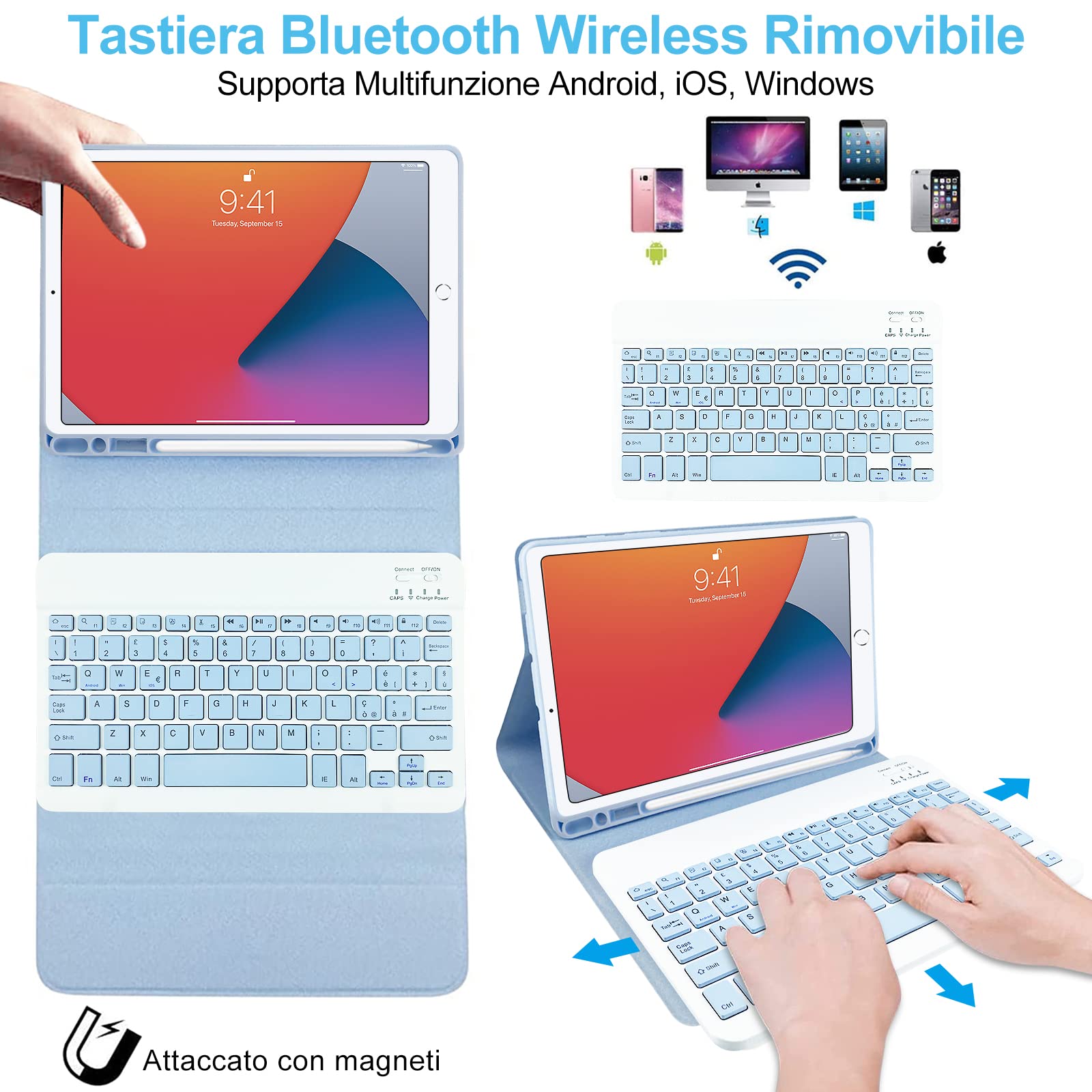 Custodia Con Tastiera Bluetooth Per IPad 10.2" - Compatibile Con Modelli 2017-2021, Layout IT QWERTY, Nero - Foto 2