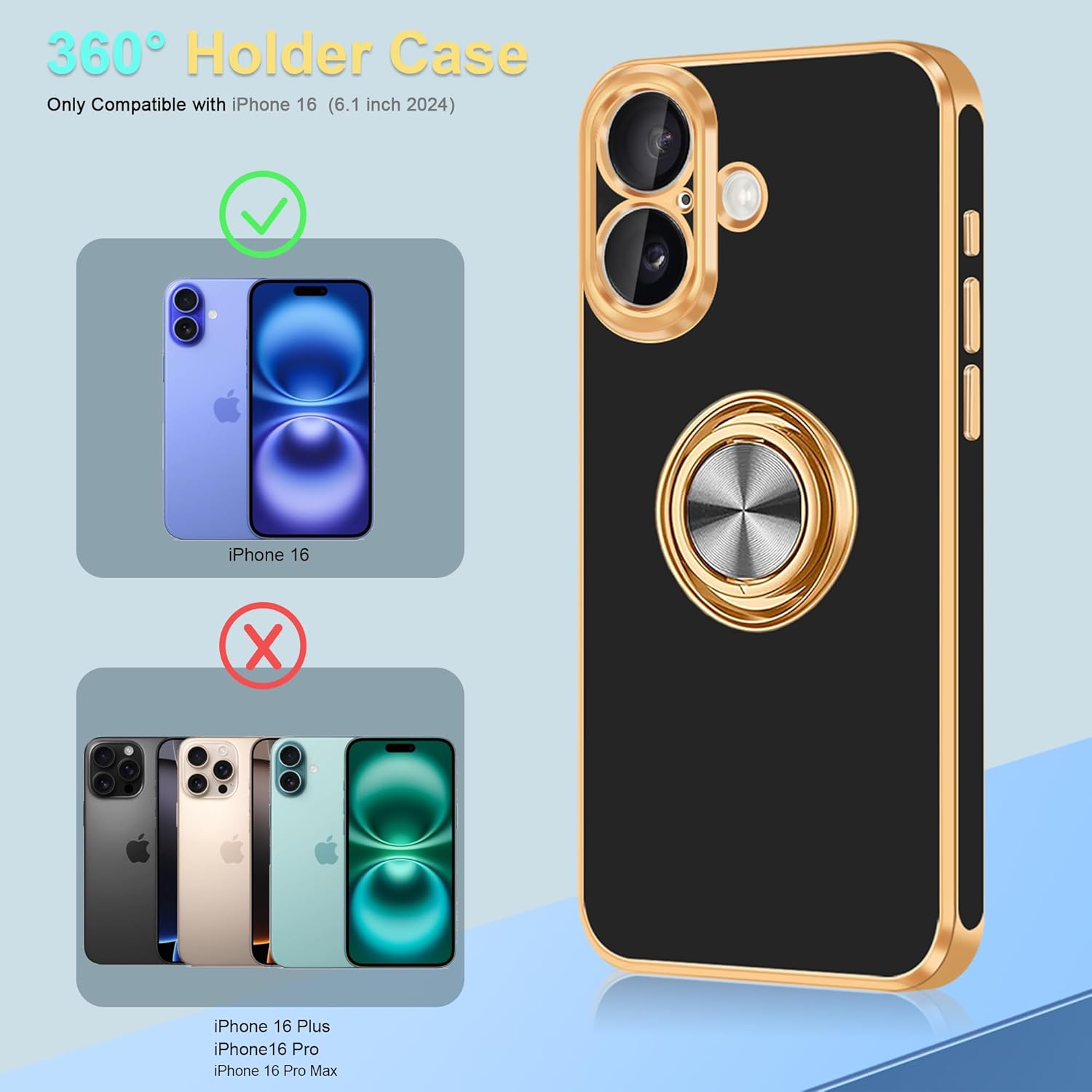 Fingic for iPhone 16 Case[with 360°Rotatable Ring Holder][Support Magnetic Car Mount]Shiny Plating Gold Slim Thin Soft TPU Rugged Bumper Shockproof Case for iPhone 16 for Women Men,6.1 inch,2024,Black - Image 8