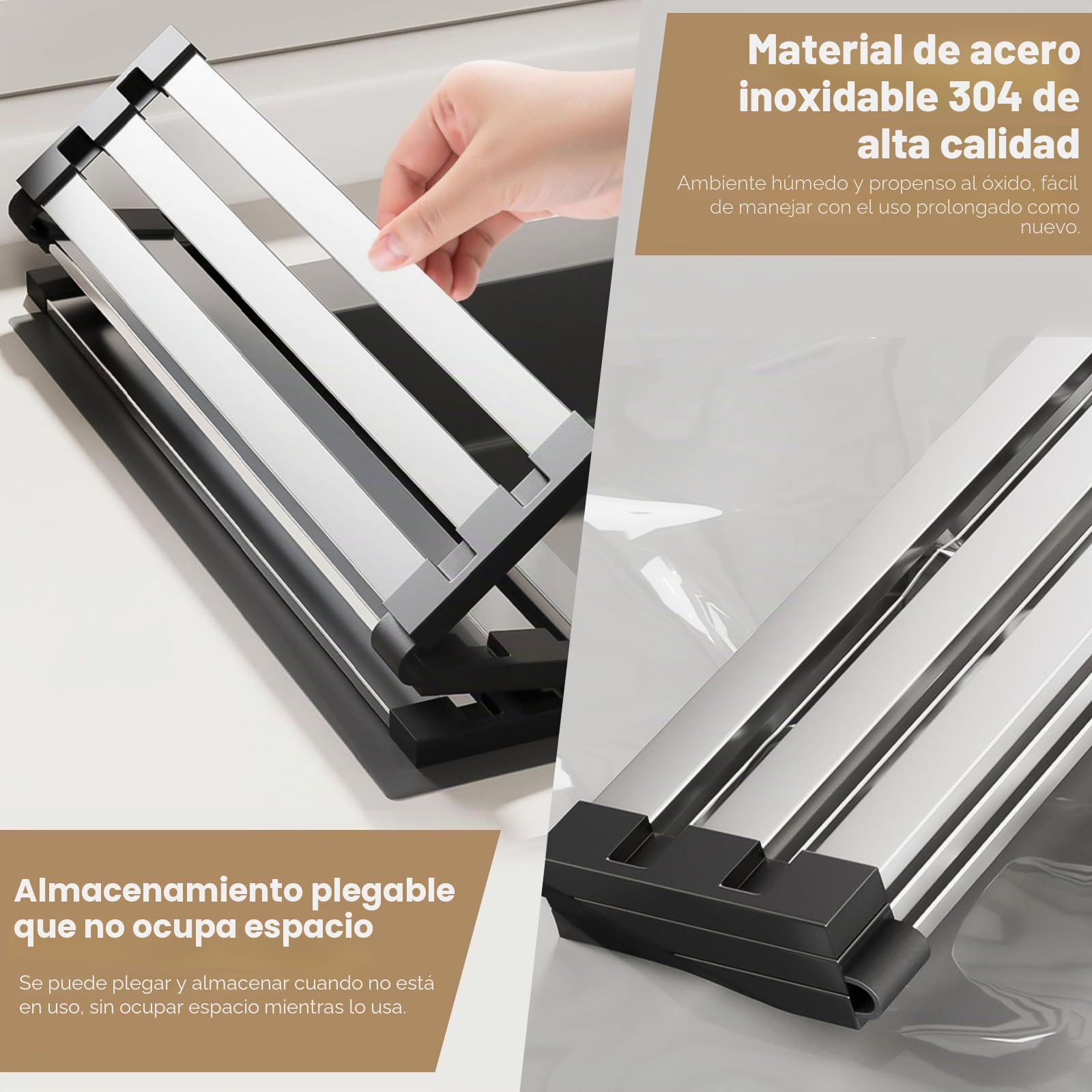 Escurreplatos para el fregadero, Escurreplatos plegable de acero inoxidable para la cocina, alfombrilla para escurrir, escurridor resistente al calor (55 x 32,5 cm)