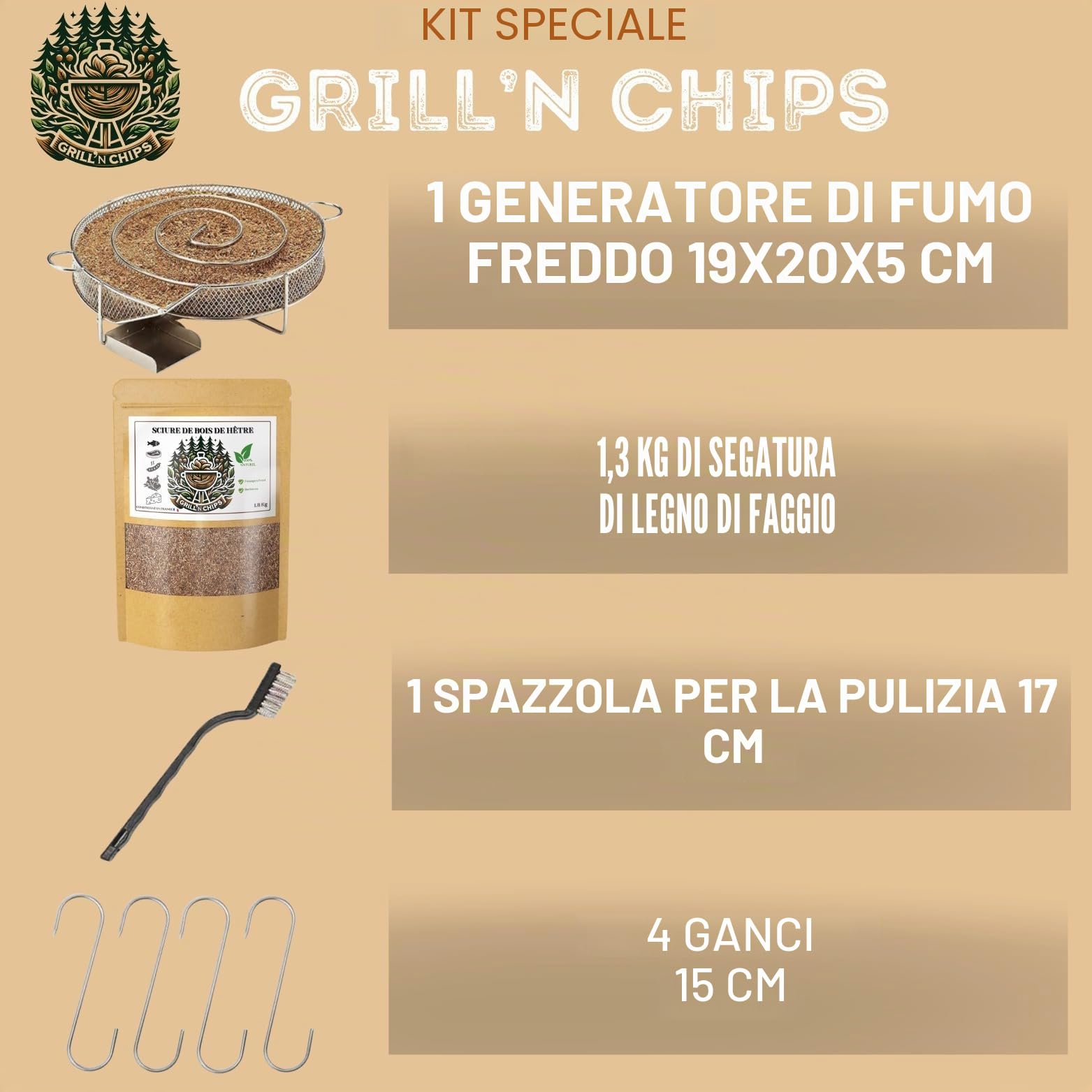 Scatola per affumicatore, generatore di fumo, carne e pesce + 1,3 kg di segatura in legno di faggio + 4 ganci e 1 spazzola per la pulizia inclusa