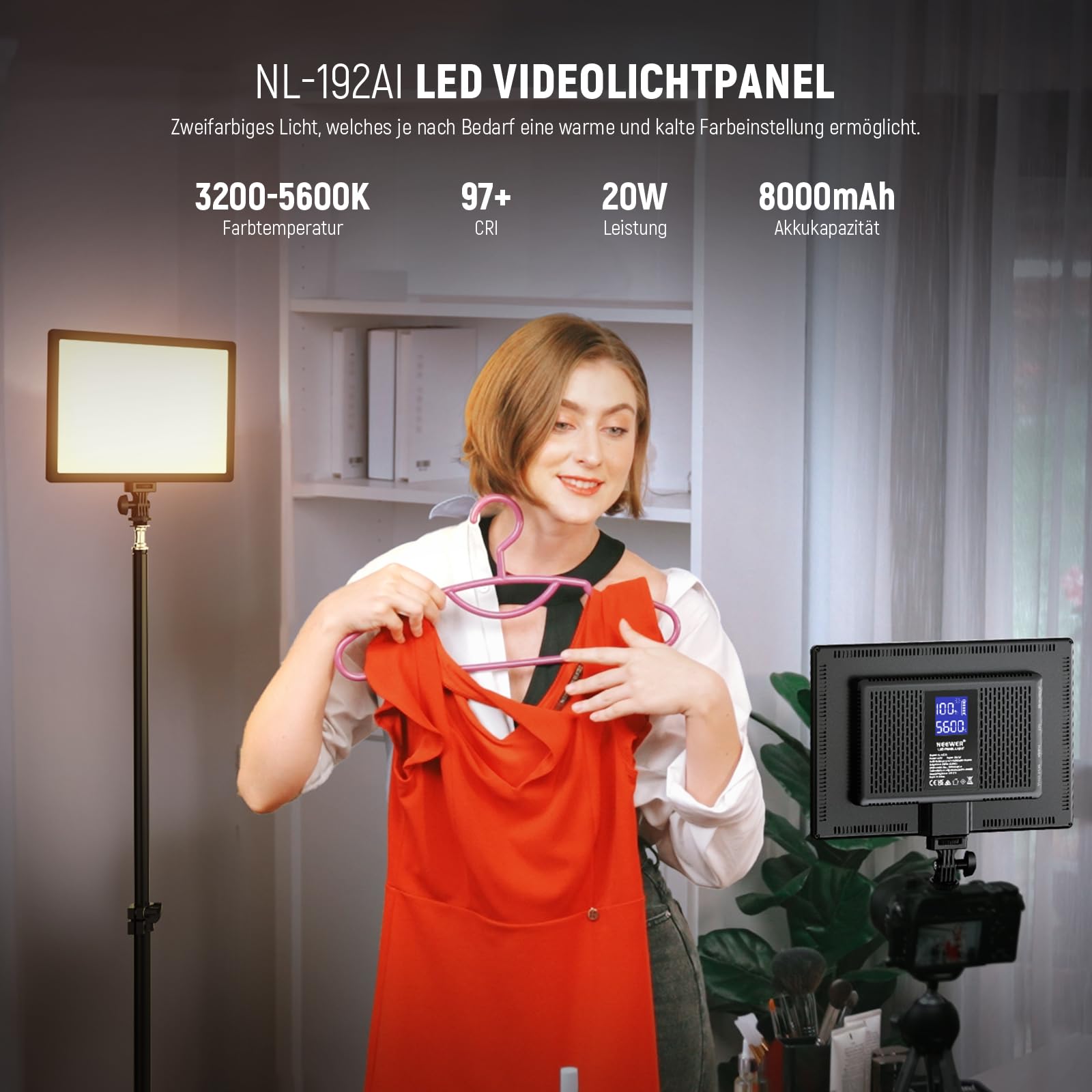 NEEWER 192 LED Panel Videolicht, 20W Ultra dünn Bi Farbe Dimmbar DSLR Kamera Soft Light, 8000mAh Eingebauter Lithium Akku, 3200-5600K CRI97+, Key Lighting für Studio Fotografie Aufnahme Streaming