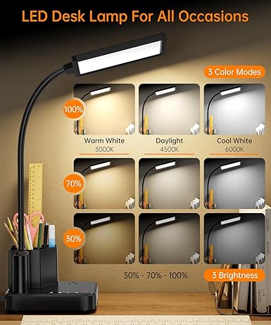 cozoo Desk Lamp, COZOO LED Desk Lamps for Home Office with USB Charging Port/Outlet/Organizer,Desk Lamp for College Dorm Eye-Caring Study Light,Gooseneck Table Lamp with Pen Holders/Storage,9 Lighting Modes photo 2