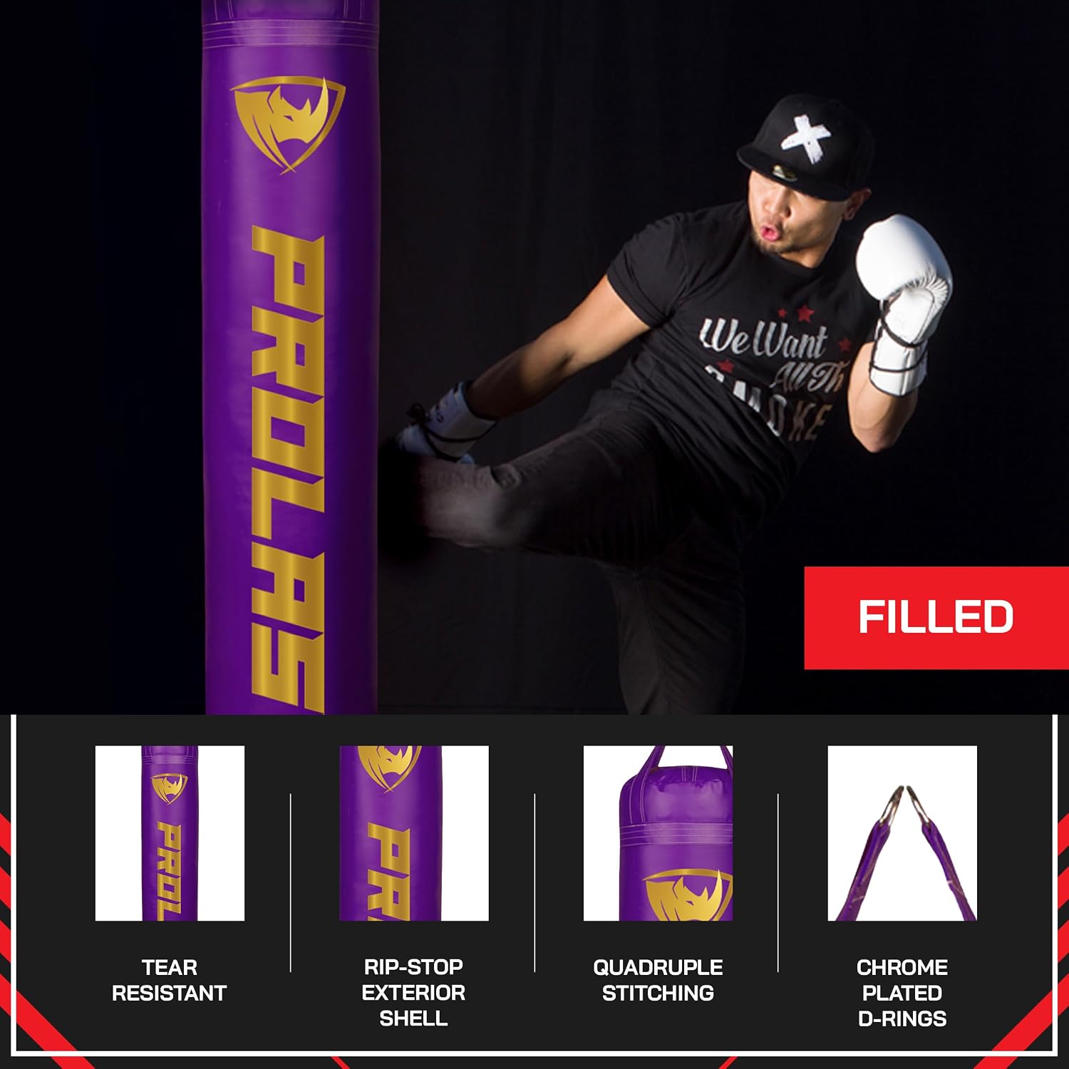 PROLAST Heavy Punching Kicking Bag for Adults, Boxing, MMA, Martial Arts, Muay Thai, Strength Training Equipment, Filled, 6ft, 150 lbs, Vertical Logo