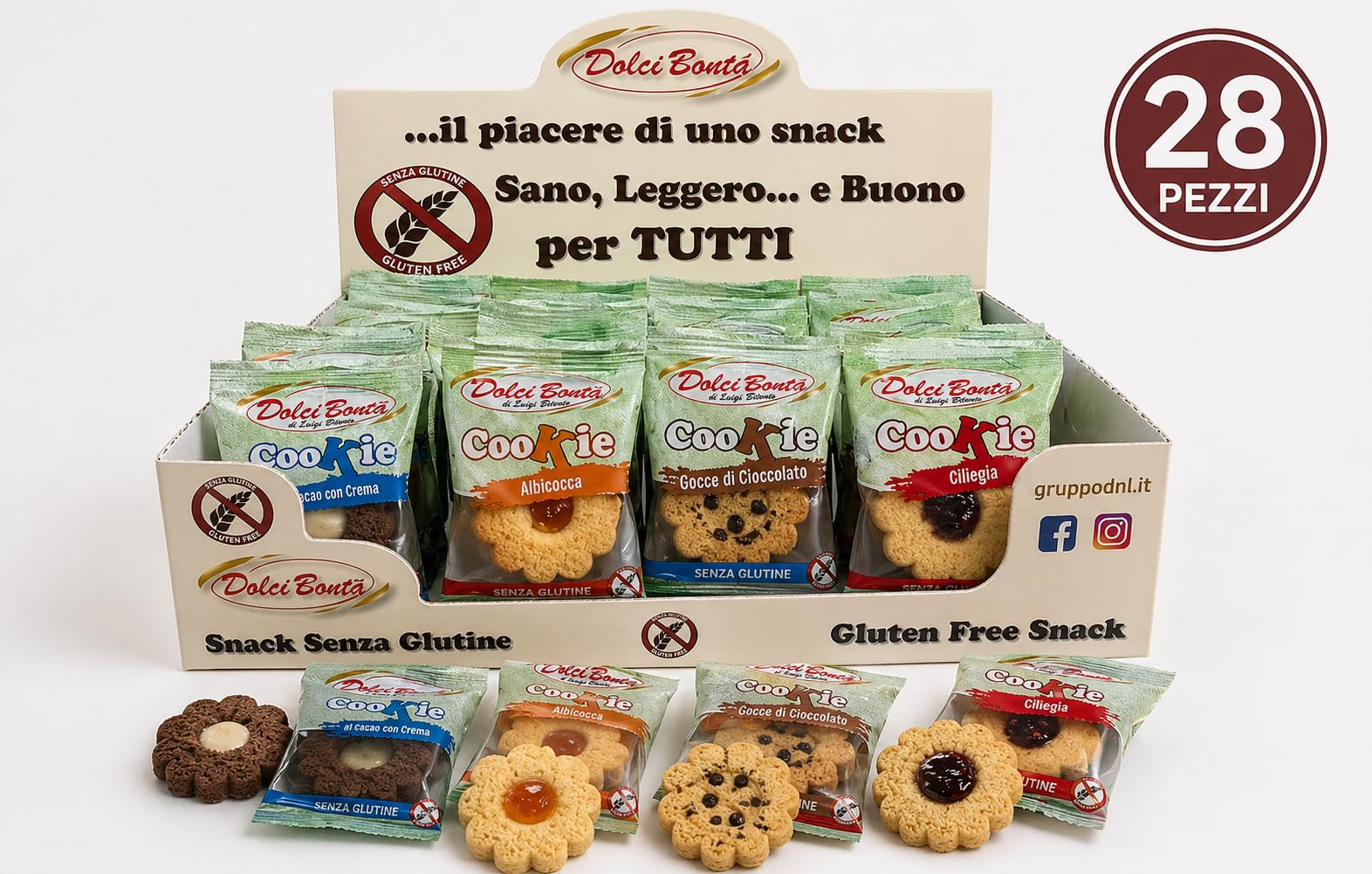 Biscotti Senza Glutine Monoporzione 28 Pezzi da 40g Assortiti 4 Gusti Giandui Albicocca Ciliegia Crema Latte Snack Dolce Box Espositiva Pratica per Casa Ufficio e Bar