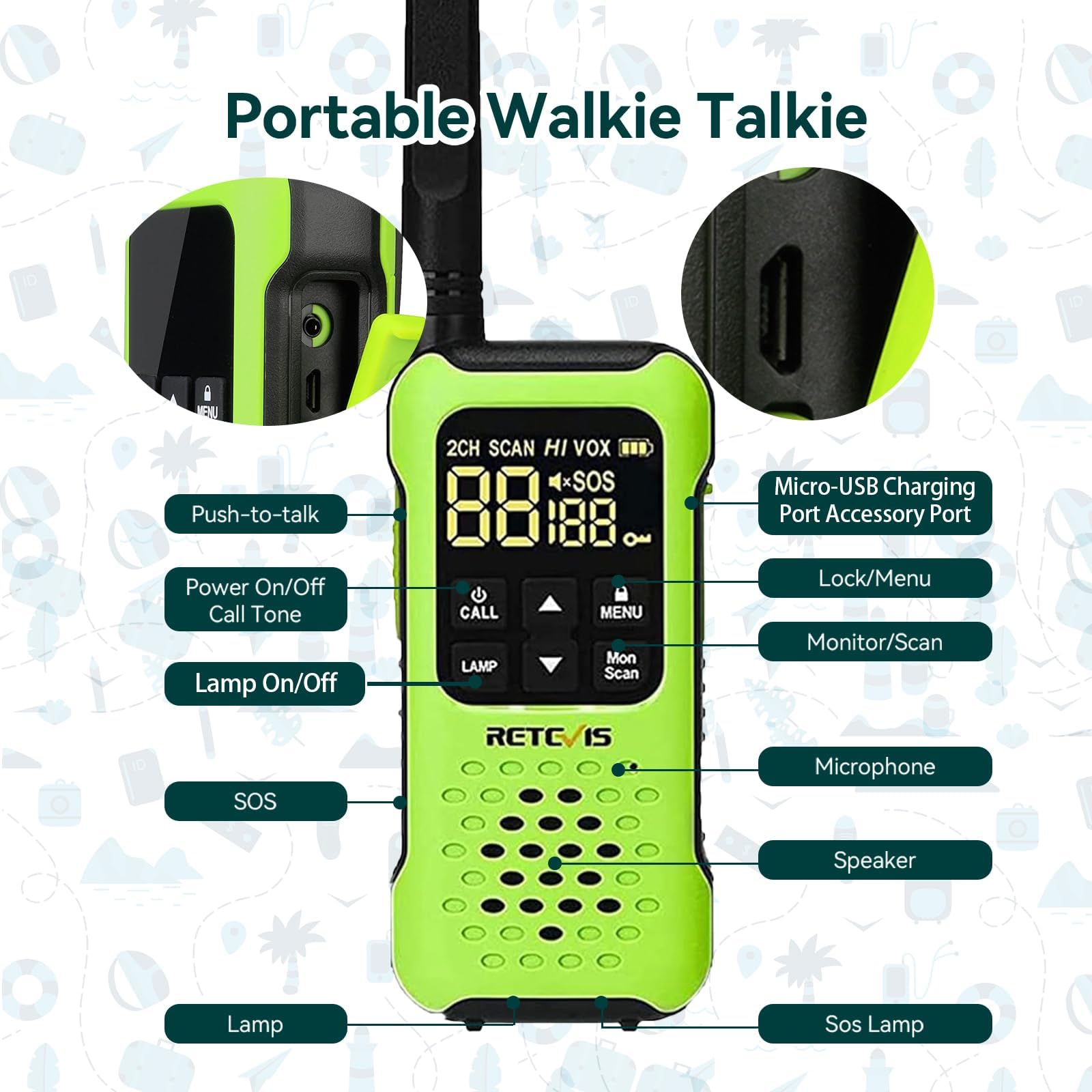 Retevis RT649P IP67 Walkie Talkie Impermeabile Galleggianti Ricaricabili PMR446 16CH Allarme SOS Lungo Raggio 2 Pz