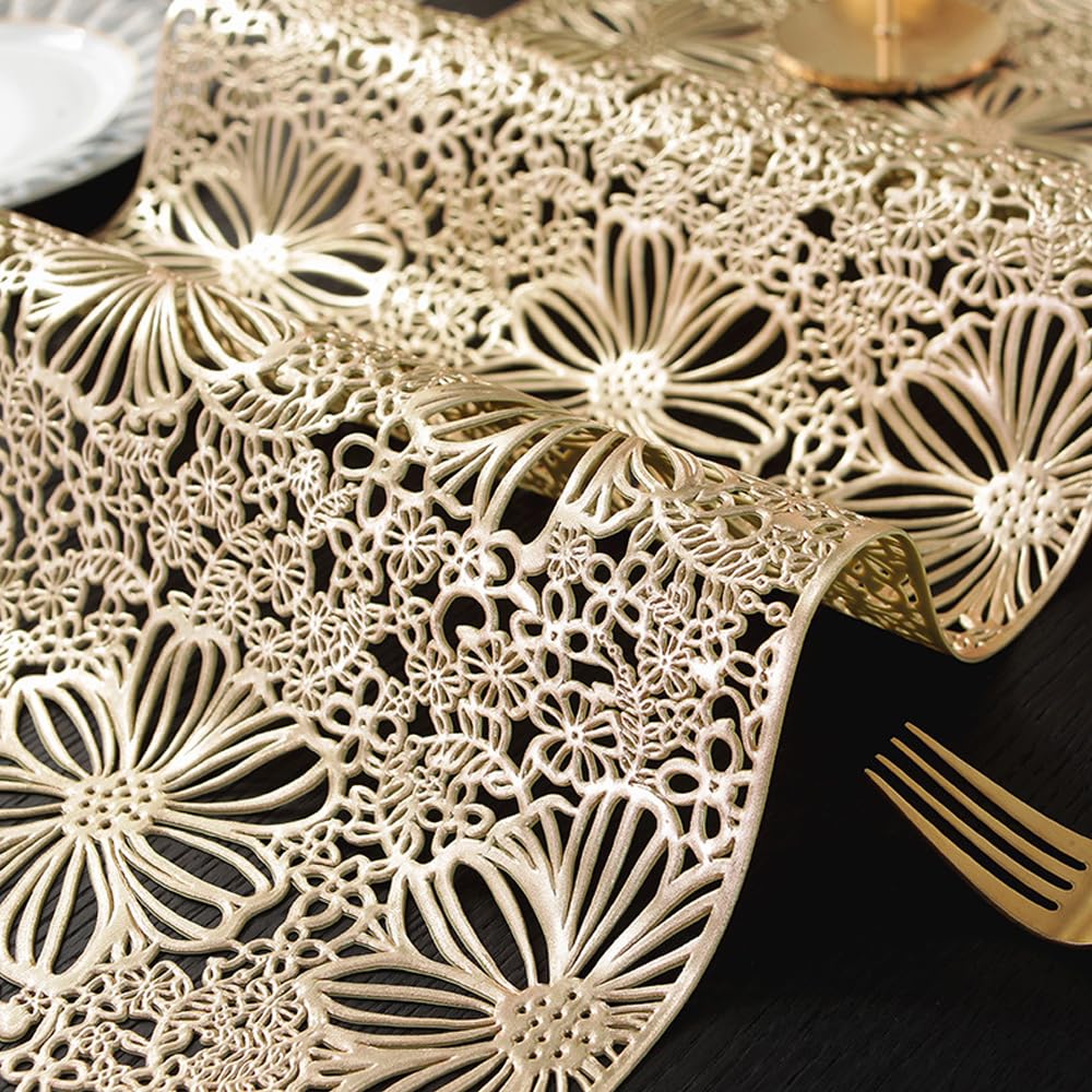 Hosoncovy Hollow Table Runner Non-slip Decorative PVC Table Mats Placemat Protective Heat Resistant Mats for Home Party Kitchen Dining Wedding Decor (91CM X 33CM) (Rose Gold) - Image 4