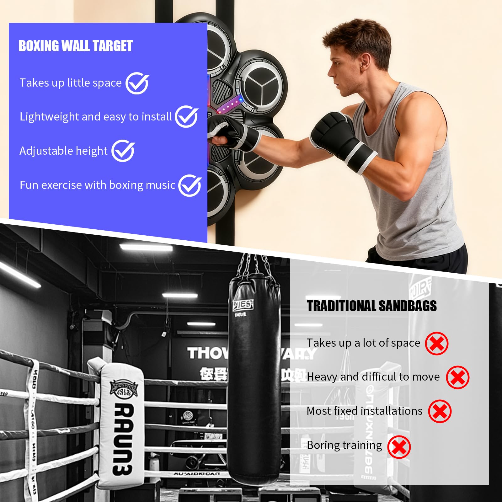 Music Boxing Machine, LED Máquina de Boxeo Electrónica con Guantes De Boxeos, 3 Modos de Entrenamiento, Soporta Bluetooth, Conteo Inteligente, Boxeo Pared Musical para Niños y Adultos