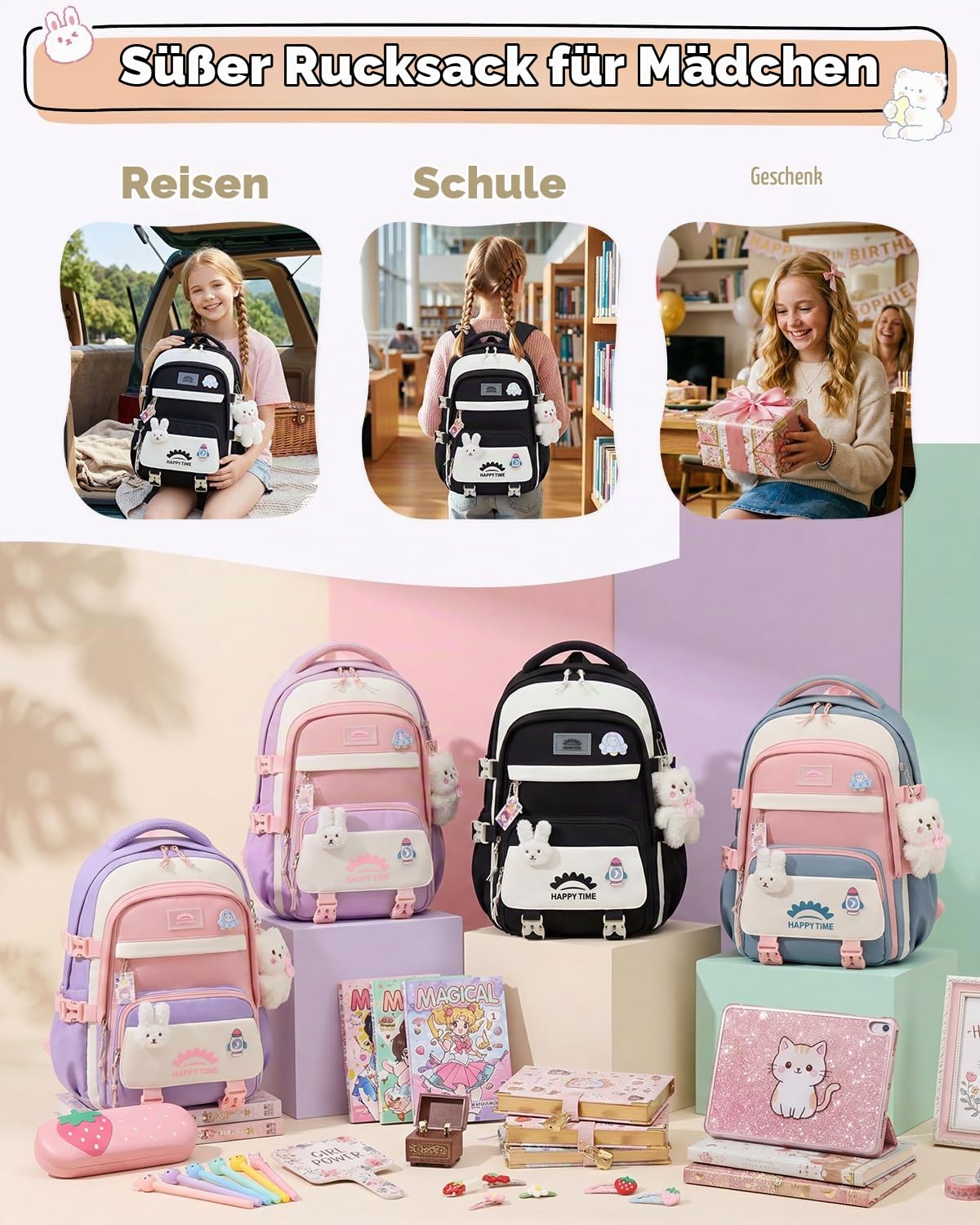 Tanou Schultasche Mädchen, Wasserabweisender Nylon Kinder Schulranzen, 20L