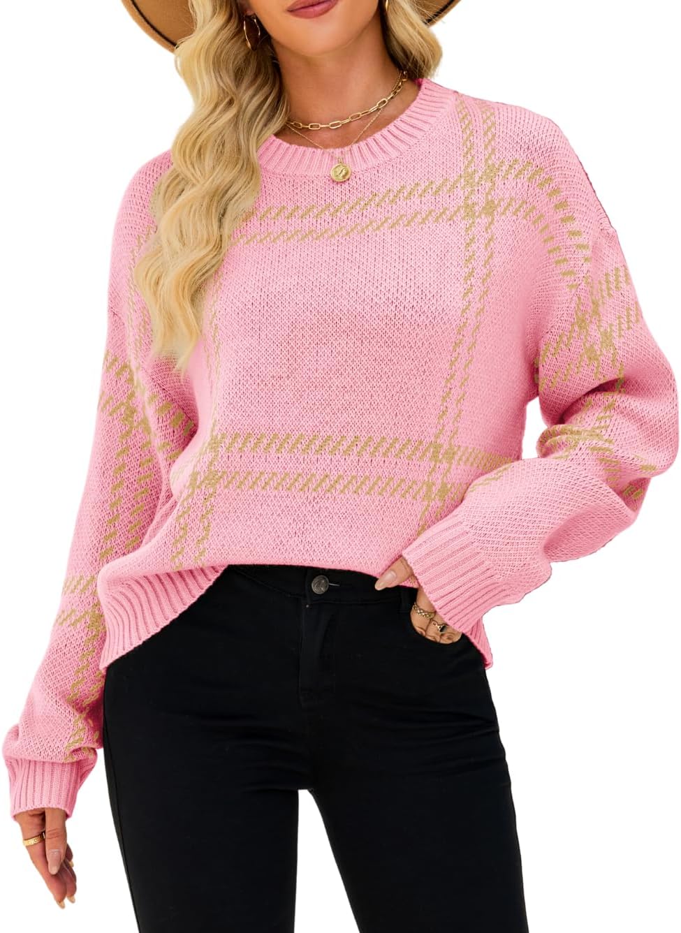 Checkered Pullover Sweaters, Crew Neck Long Sleeve, Fall Clothing, Lightweight Sweater for Women Striped Plaid