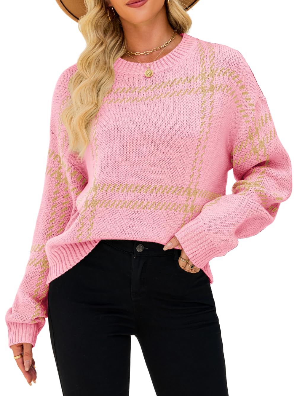 Checkered Pullover Sweaters Crew Neck Long Sleeve Fall Clothing Lightweight Sweater for Women Striped Plaid