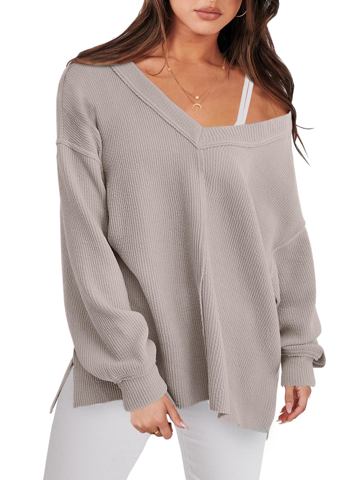 ANRABESS Oversized Long Sleeve Shirts for Women Off the Shoulder Sweatshirt Loose V Neck Tunic Tops High Low Sweater 2026