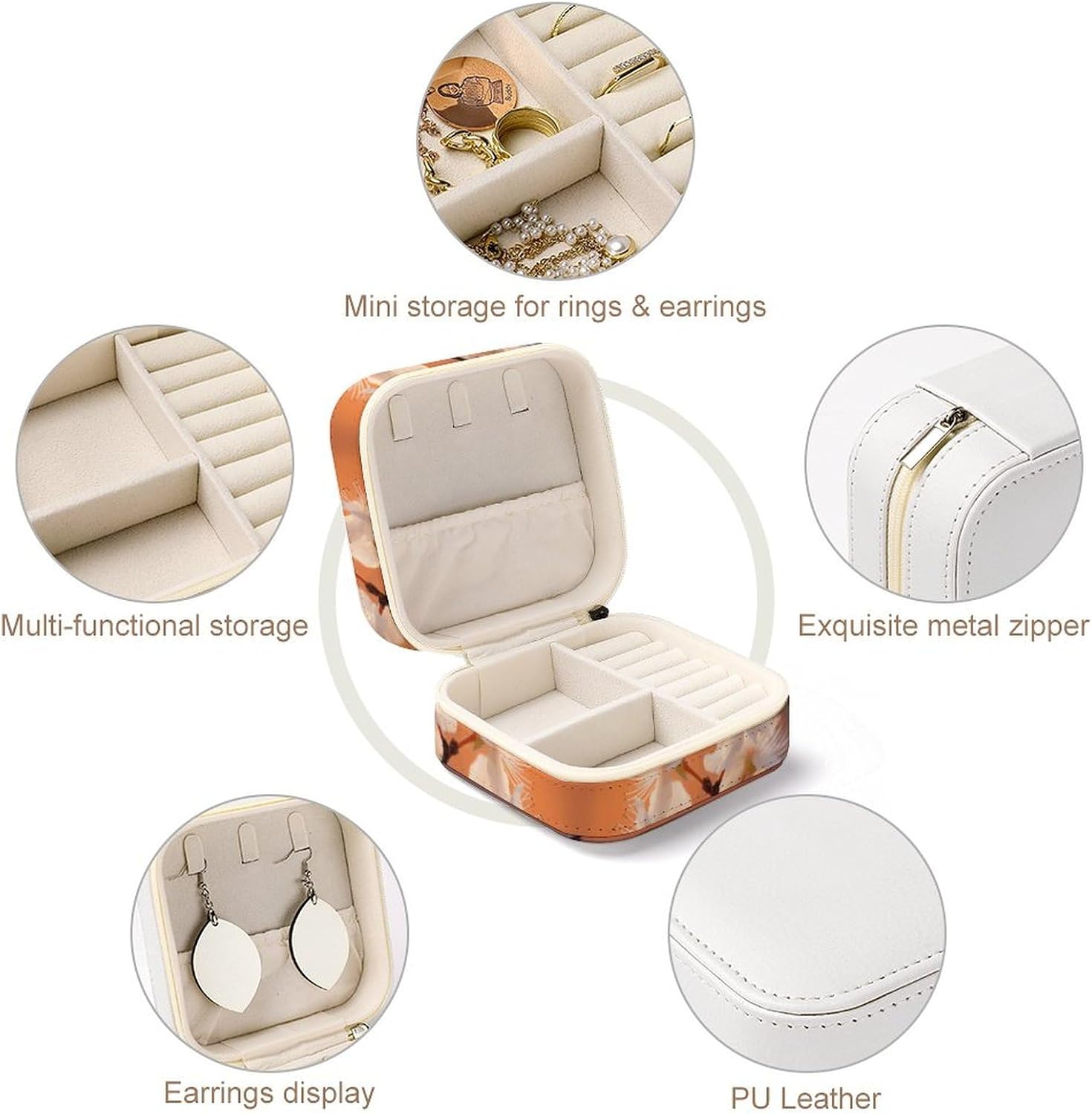 Women's Fashion Jewelry Box, Flowers Under Orange Light Printing To Go Portable Jewelry Box, Personalized Travel Mini Jewelry Organizer,Exquisite Portable Jewelry Box image 3