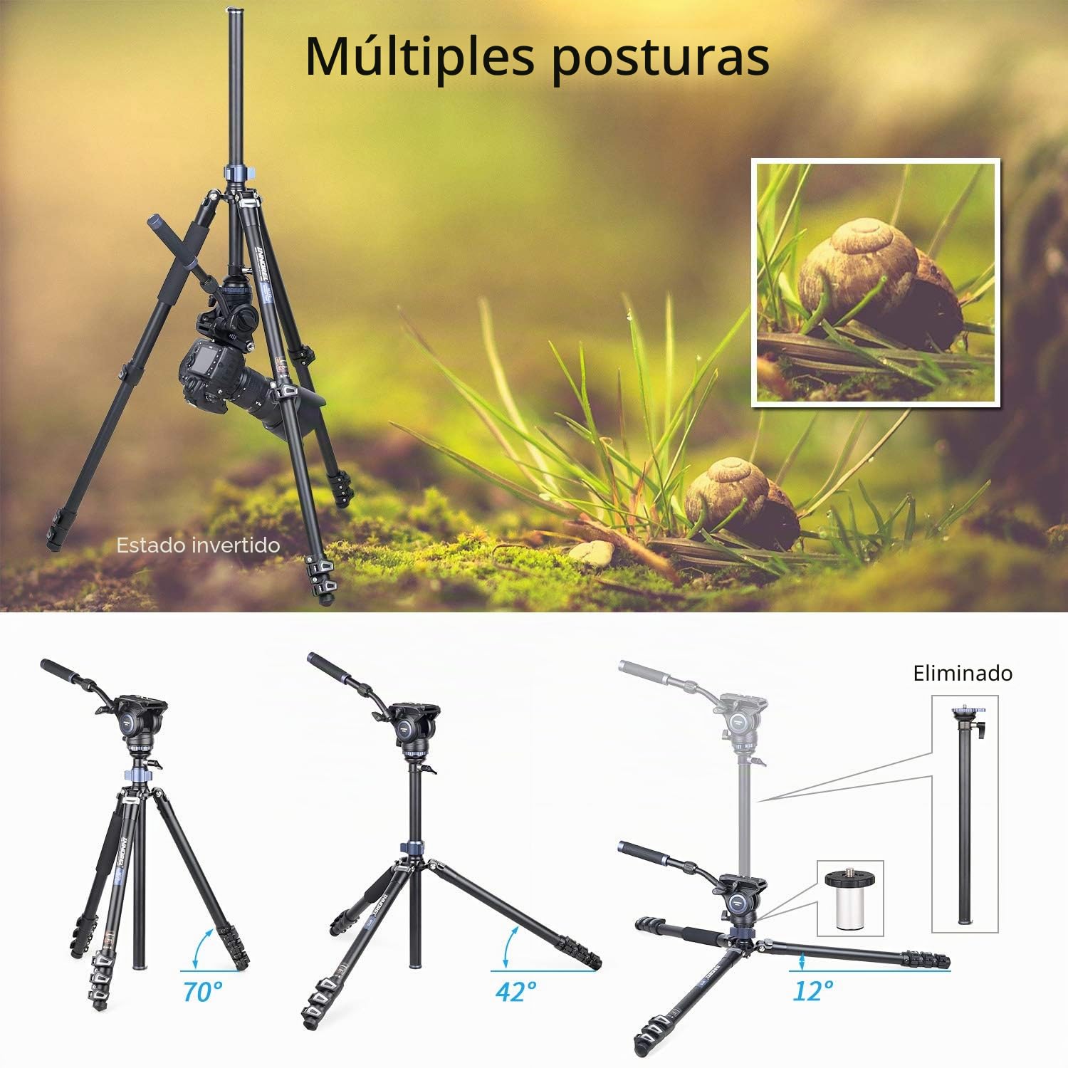 INNOREL MT70 Trípode para cámara de Video Profesional 183 cm, con Cabezal de Arrastre Fluido, trípode de Aluminio Compacto de 4 Secciones Convertible a monopié para cámara DSLR, videocámara