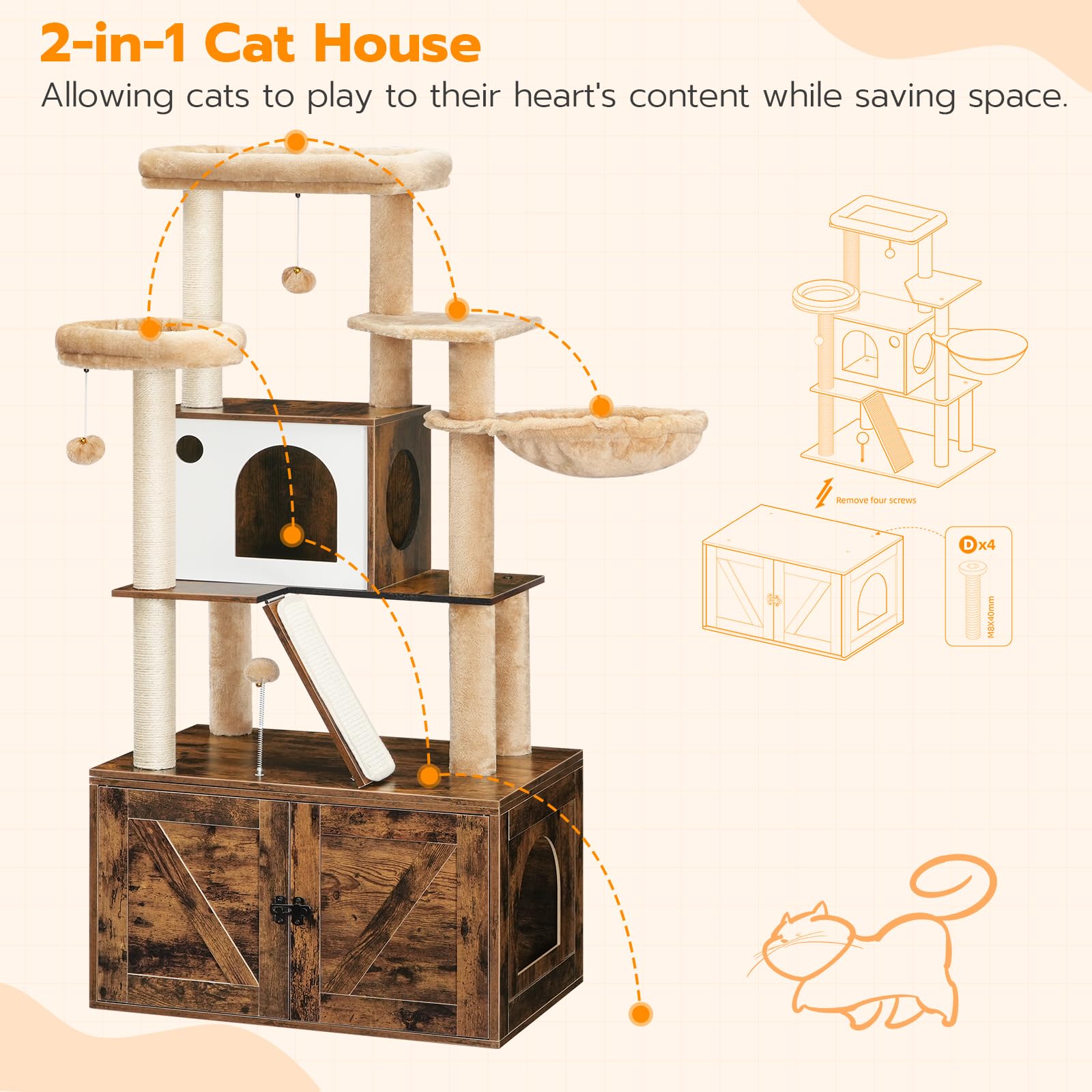 HOOBRO Cat Tree with Litter Box Enclosure, 59.1” Tall 2-in-1 Versatile Cat Tower with Hidden Litter Box Furniture, Cat Condo, Dangling Balls, Scratching Posts, Scratching Board, Rustic Brown FG50MZ03