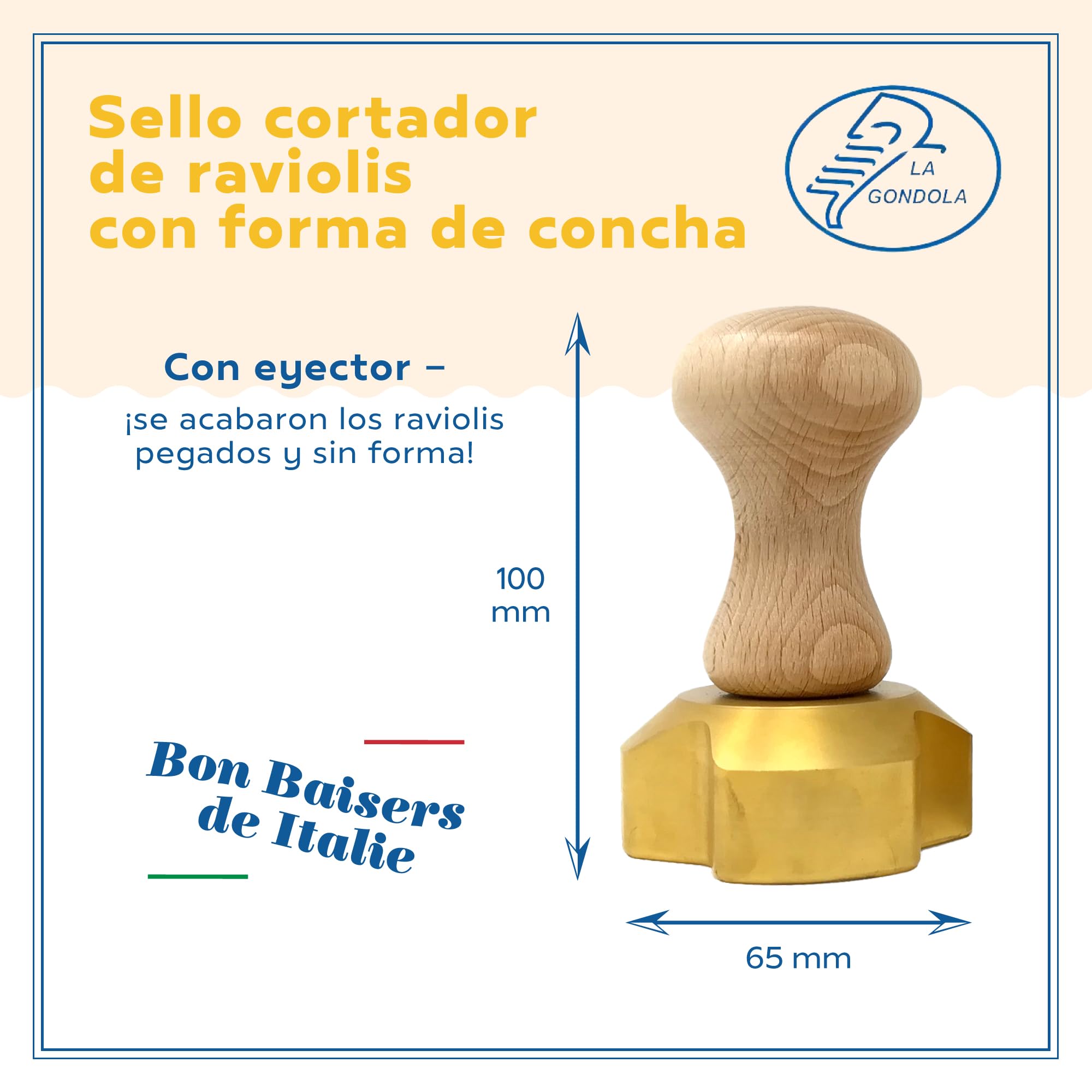 La Gondola Cortador de Raviolis Caseros - Forma de Concha 65 mm | Cortapastas de Latón y Madera Natural | Cortador de Pasta Robusto y Fácil de Usar | Utensilios para Pasta Fresca Hechos en Italia