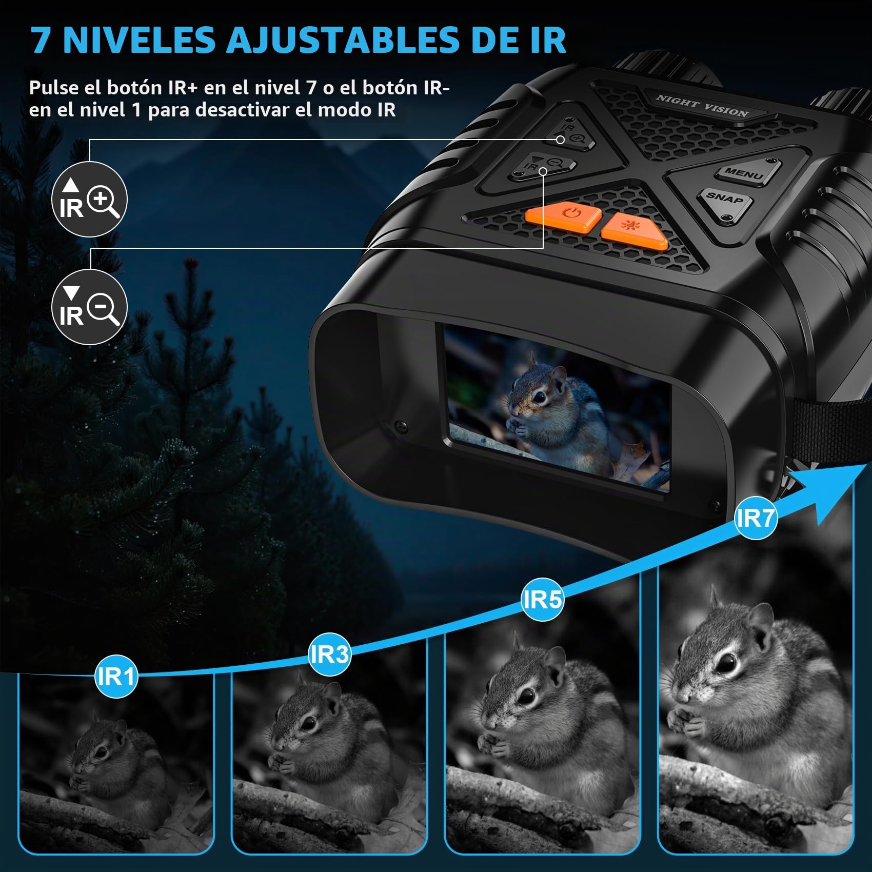 Binoculares Visión Nocturna, 7 Niveles de Infrarrojos, Zoom Digital 10X/ Rango de 800m/ Una Pantalla HD de 2.8"/ 2000mAh Recargable con Tarjeta 32GB/ para Cazar/Acampar