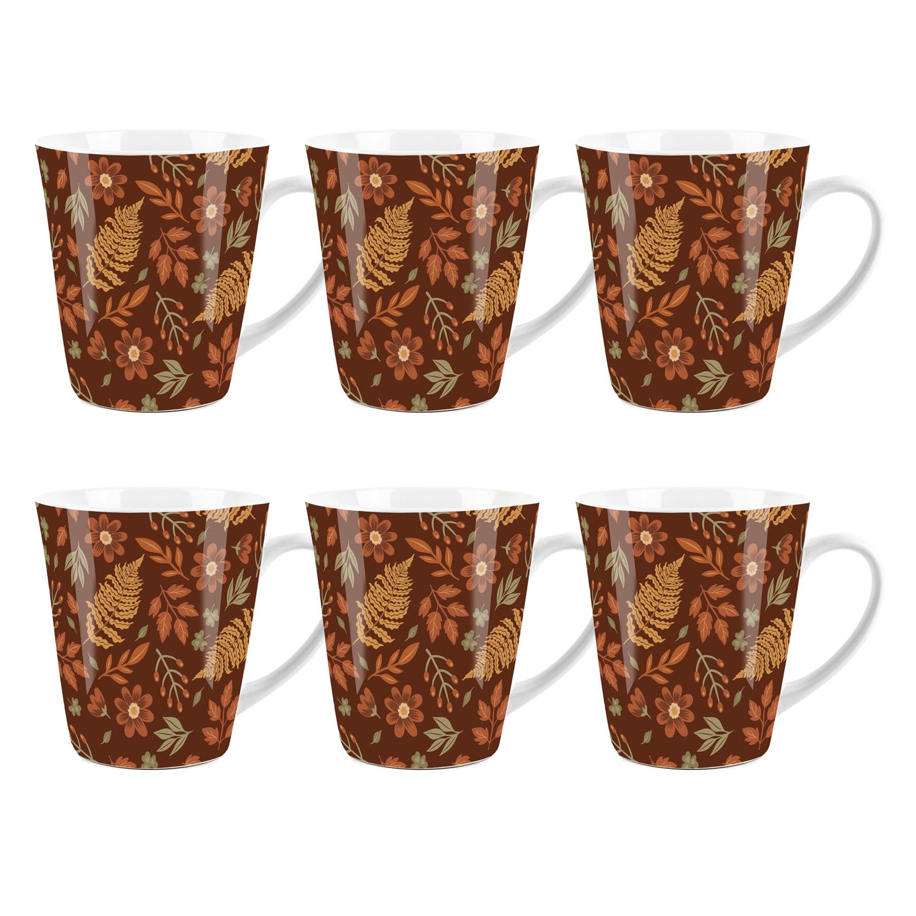 Purely Home Autumn Leaves Small Latte Mugs Set - Ceramic Brown Cup Autumnal Leaf Tea/Coffee Present Gift Set of 6