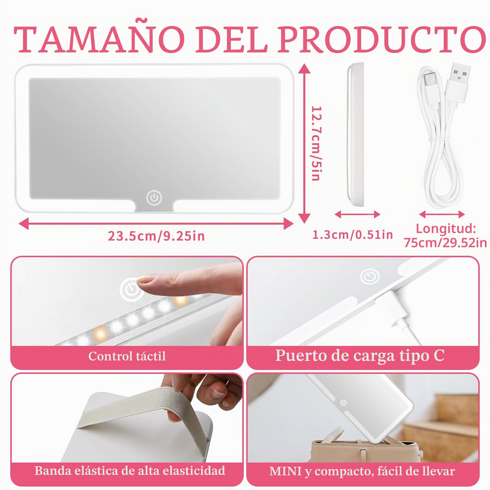 Lypumso Espejo de Maquillaje con Luz para Coche, Espejo Parasol Coche LED Universal con 3 Modos de Luz y Pantalla Táctil, Espejo de Tocador para Visera de Coche Recargable, Portátil, Blanco