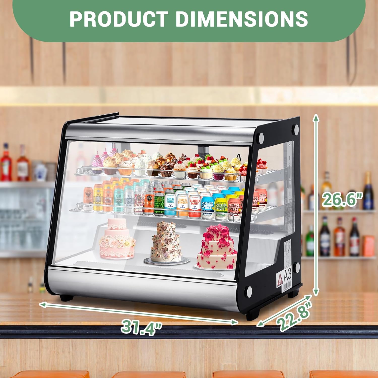 5.3 Cu.Ft Commercial Countertop Refrigerators Display Case, Stainless Steel Beverage Refrigerator with LED Lighting, Auto Defrost, Adjustable Shelves, Rear Sliding Door for Cafe, Restaurant, Bakery